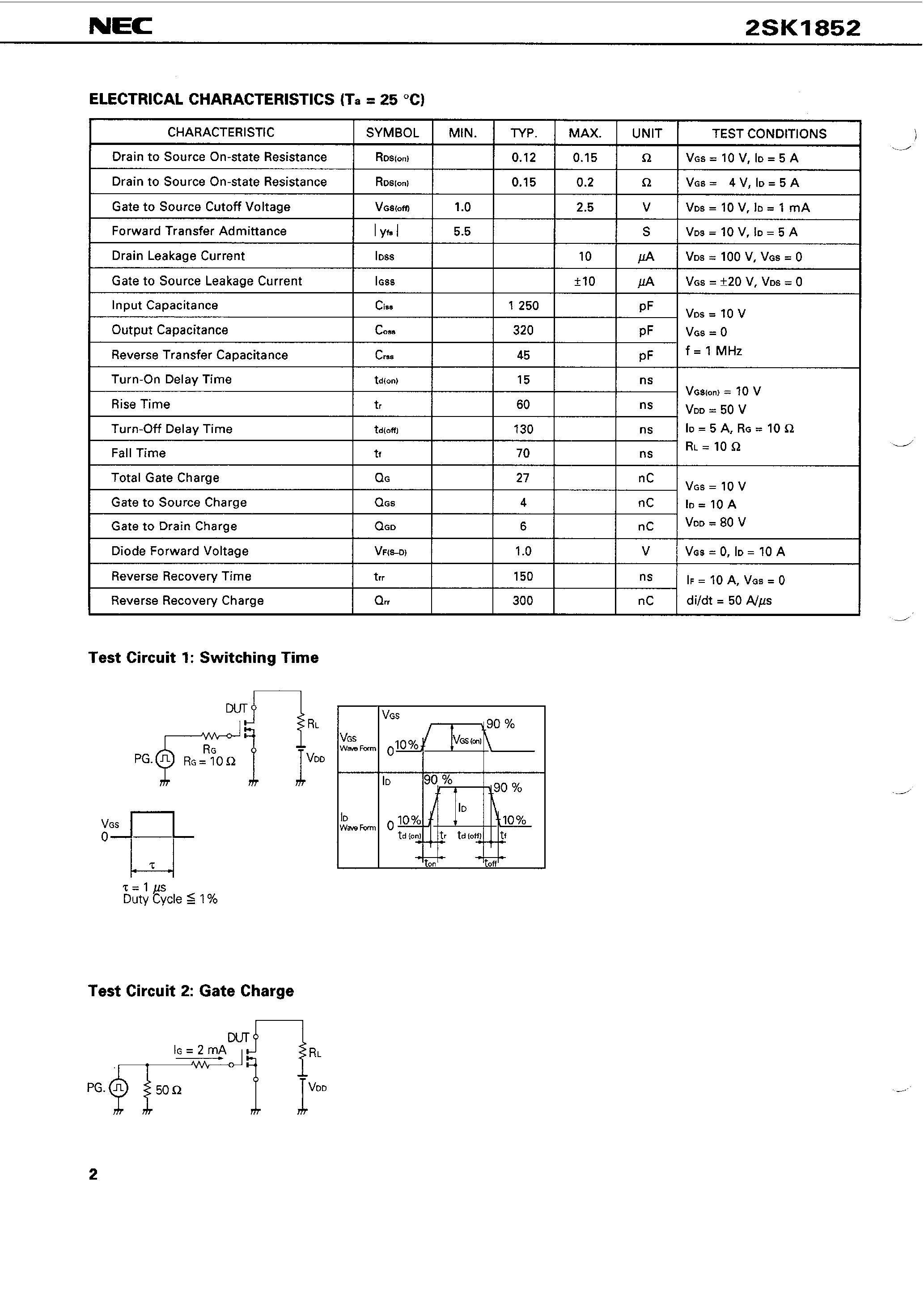 Даташит 2SK1852 - SWITCHING N-CHANNEL POWER MOS FET INDUSTRIAL USE страница 2