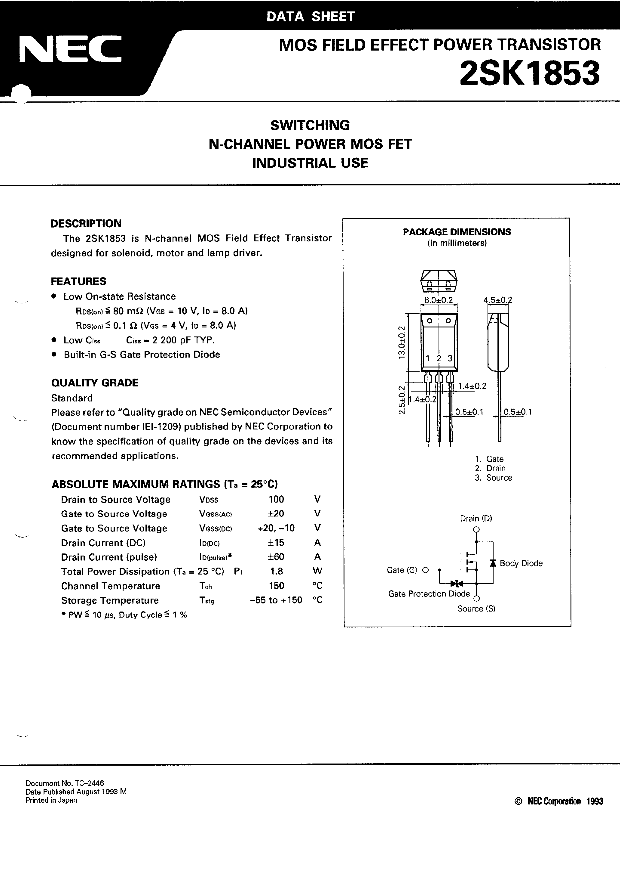 Даташит 2SK1853 - SWITCHING N-CHANNEL POWER MOS FET INDUSTRIAL USE страница 1