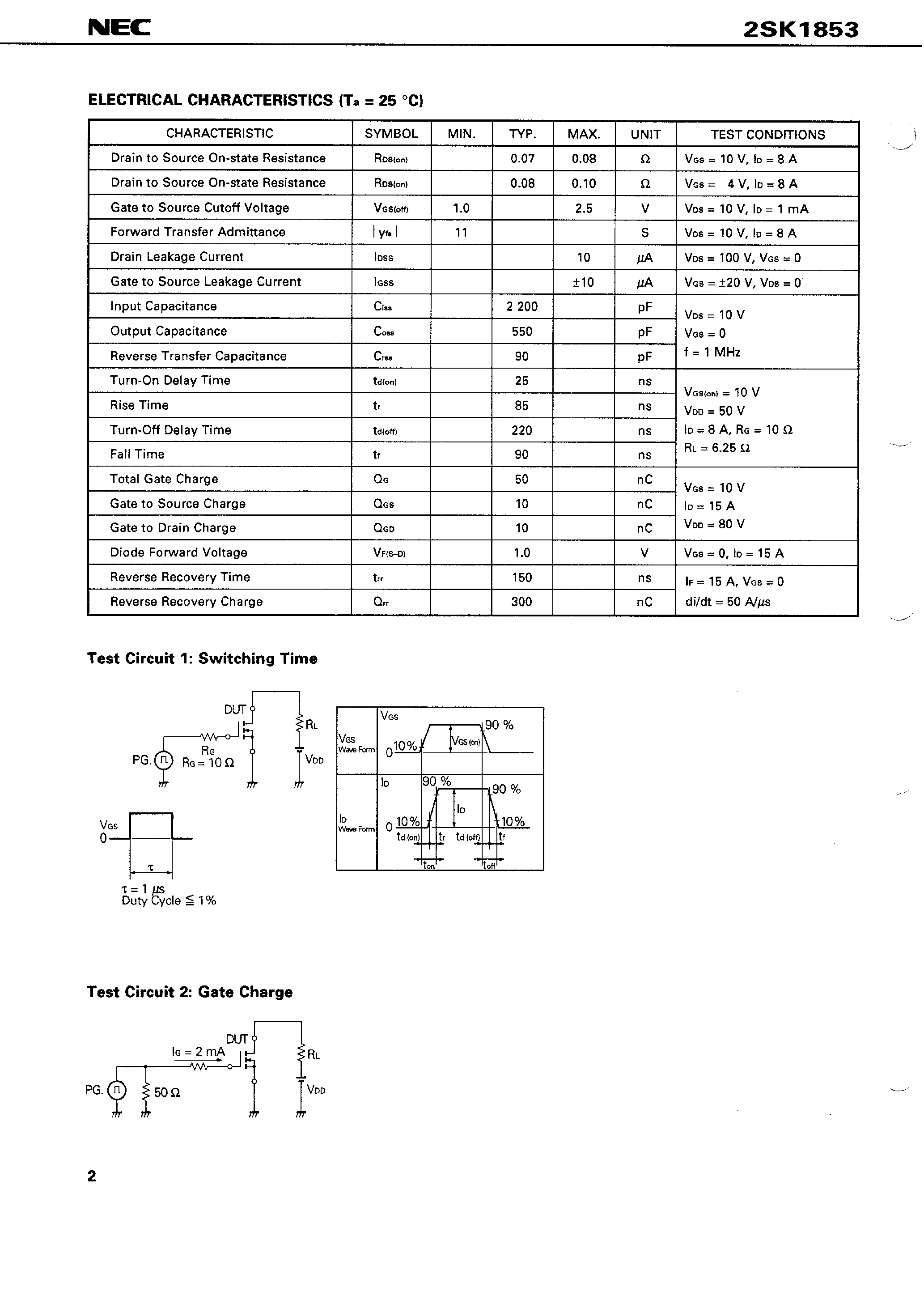 Даташит 2SK1853 - SWITCHING N-CHANNEL POWER MOS FET INDUSTRIAL USE страница 2