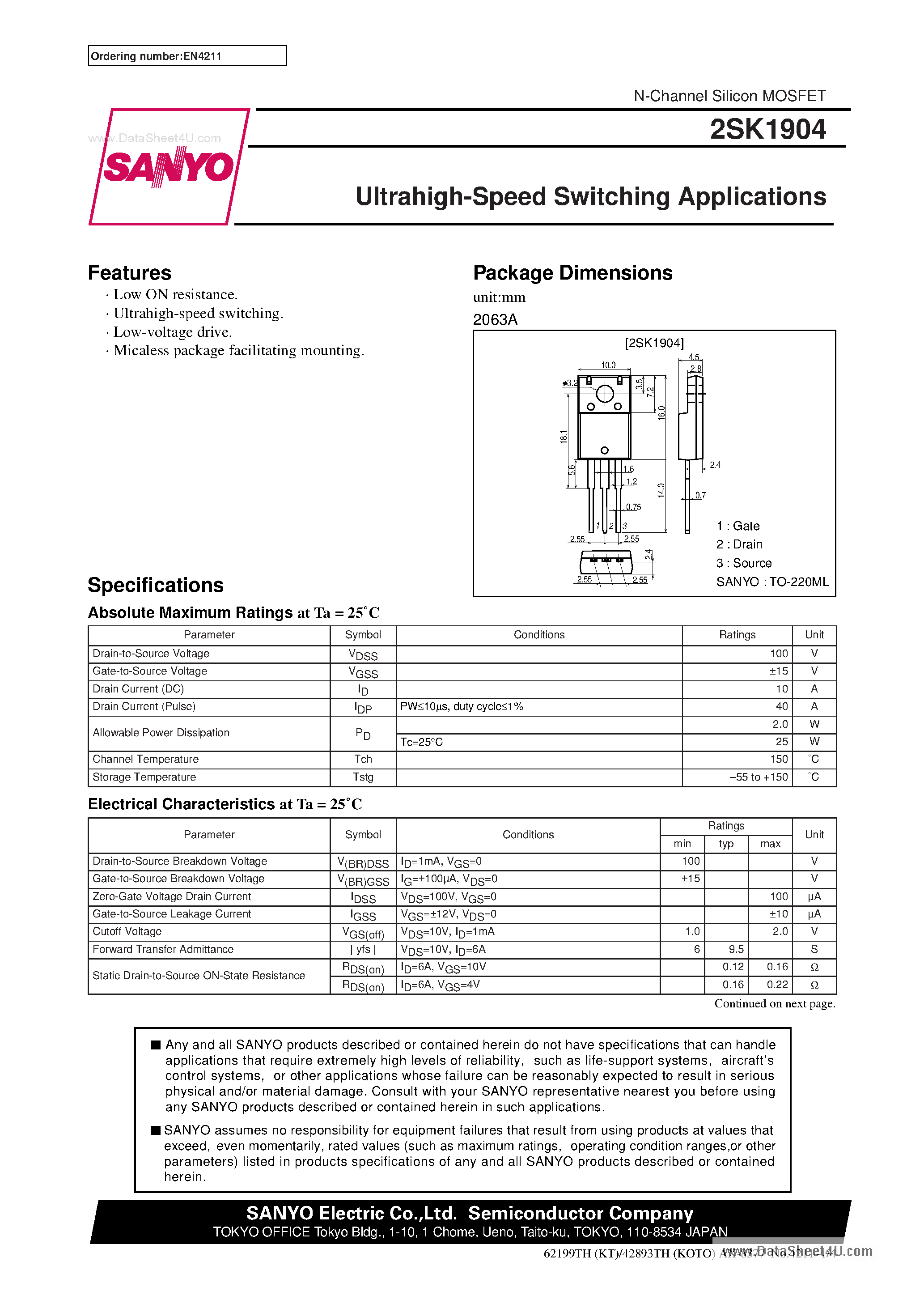 Даташит 2SK1904 - Very High-Speed Switching Applications страница 1