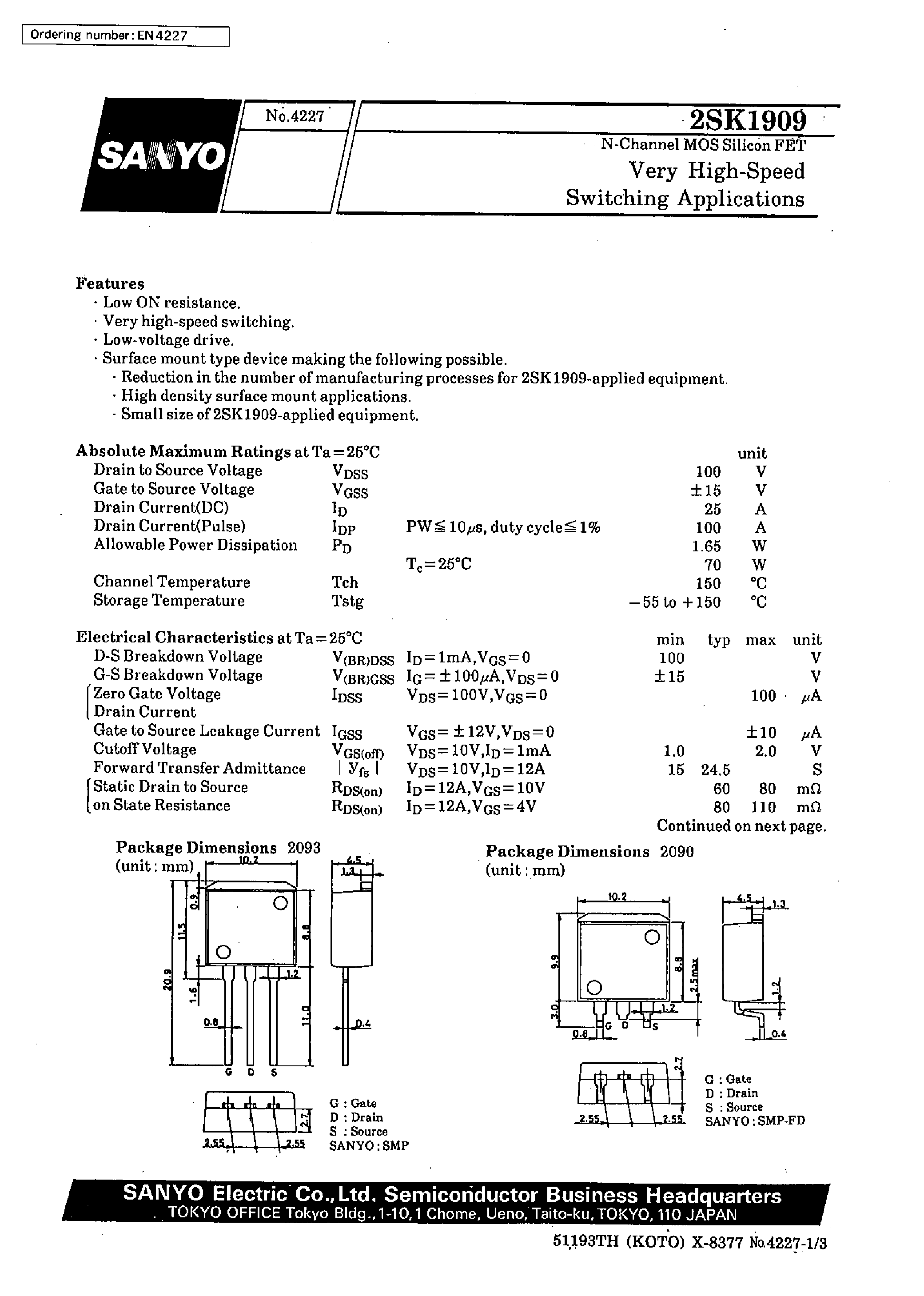 Даташит 2SK1909 - Very High-Speed Switching Applications страница 1