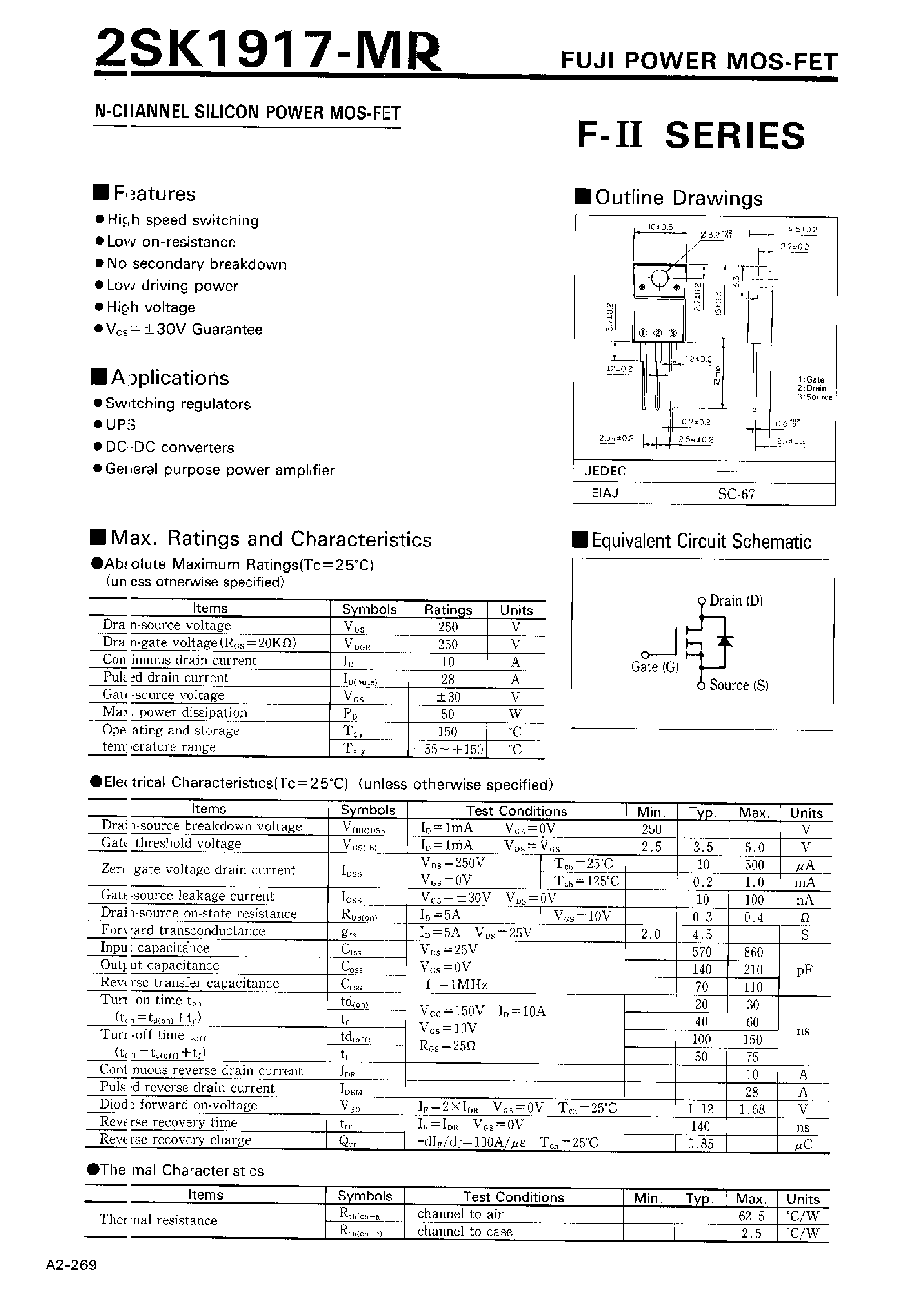 Даташит 2SK1917-MR - N-CHANNEL SILICON POWER MOSFET страница 1