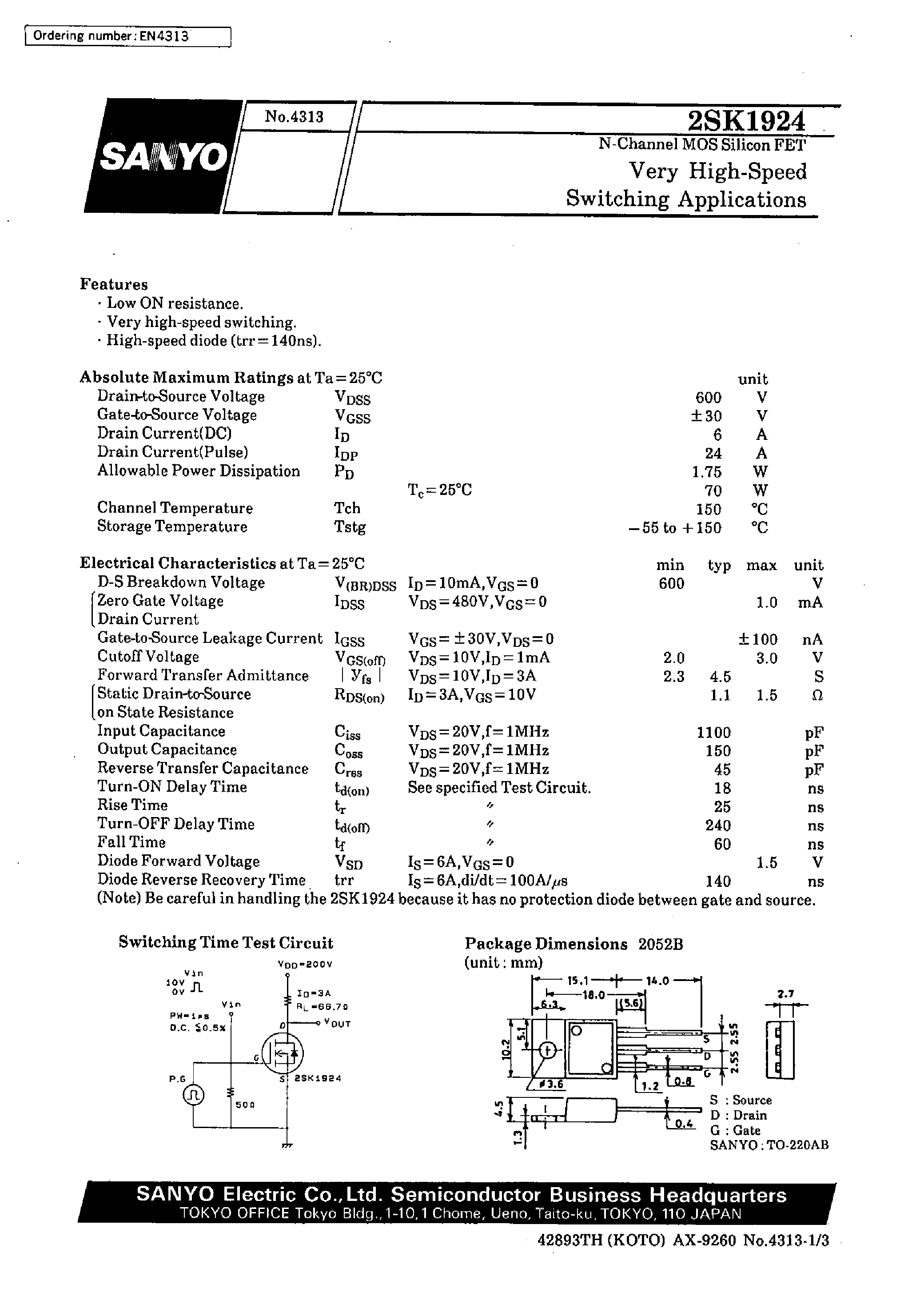 Даташит 2SK1924 - Very High-Speed Switching Applications страница 1