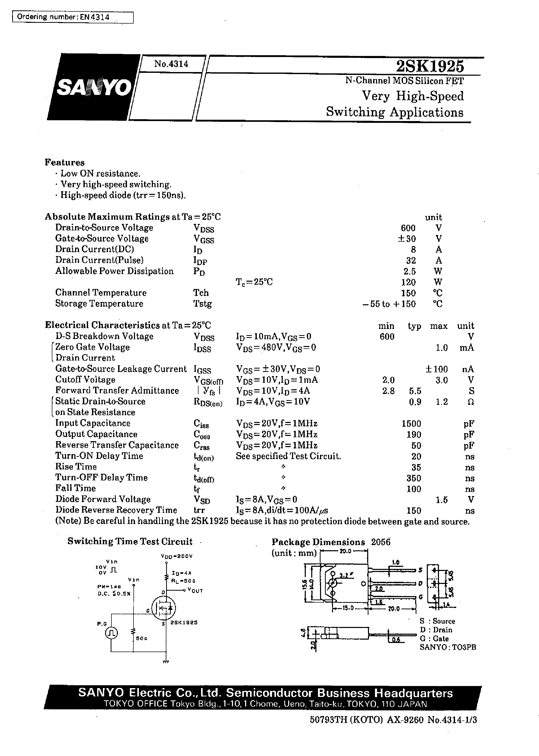 Даташит 2SK1925 - Very High-Speed Switching Applications страница 1