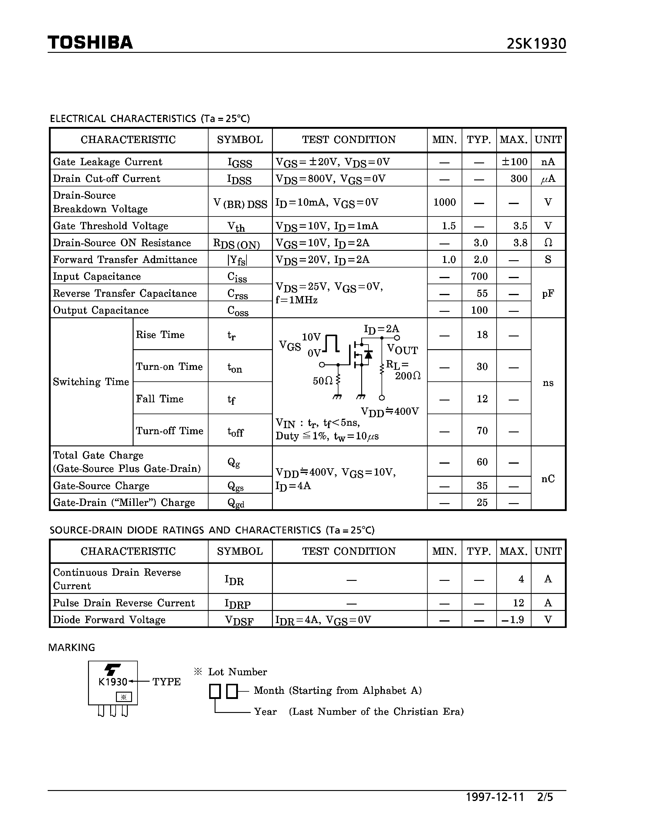 Даташит 2SK1930 - N CHANNEL MOS TYPE (HIGH SPEED/ HIGH VOLTAGE SWITCHING/ CHOPPER REGULATOR/ DC-DC CONVERTER AND MOTOR DRIVE APPLICATIONS) страница 2
