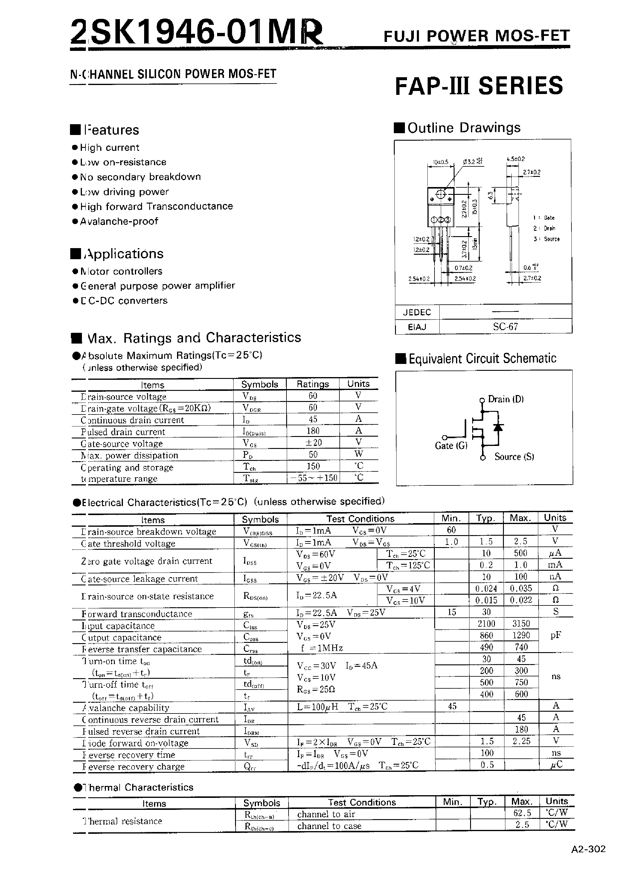 Даташит 2SK1946-01MR - N-CHANNEL SILICON POWER MOSFET страница 1
