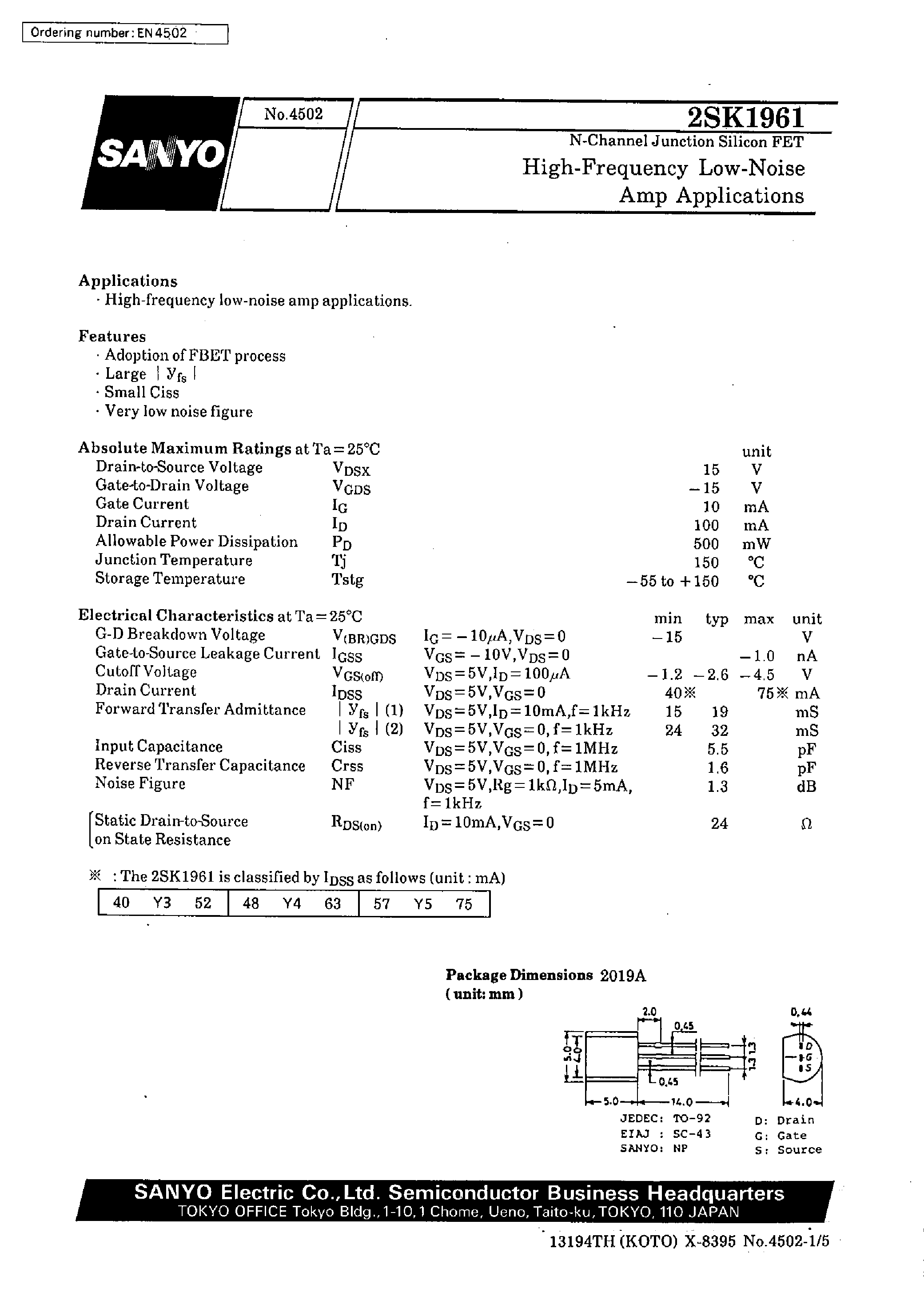 Datasheet 2SK1961 - High-Frequency Low-Noise Amp Applications page 1
