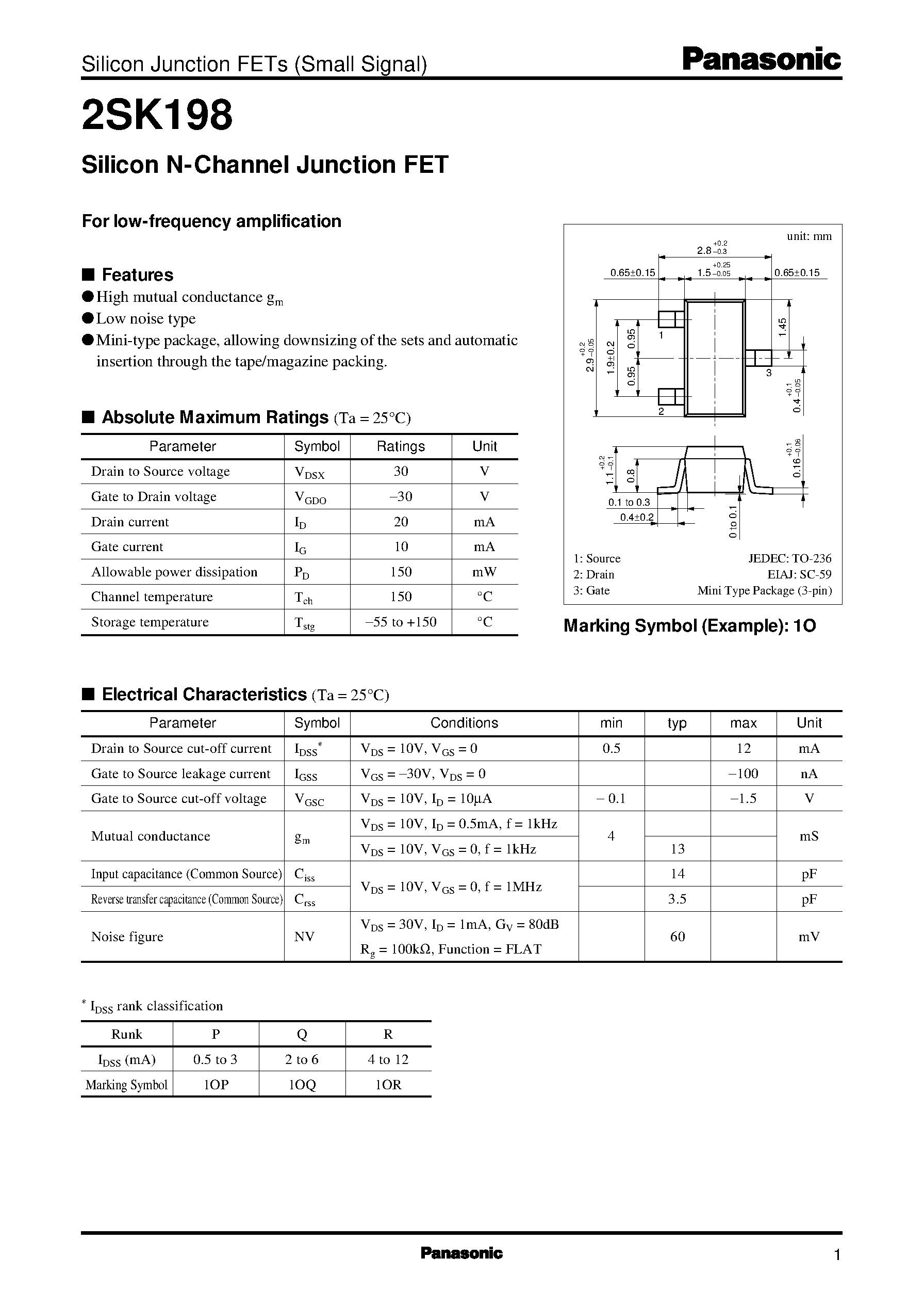 Datasheet 2SK198 page 1 Datasheet 2SK198 - Silicon N-Channel Junction FET page 1