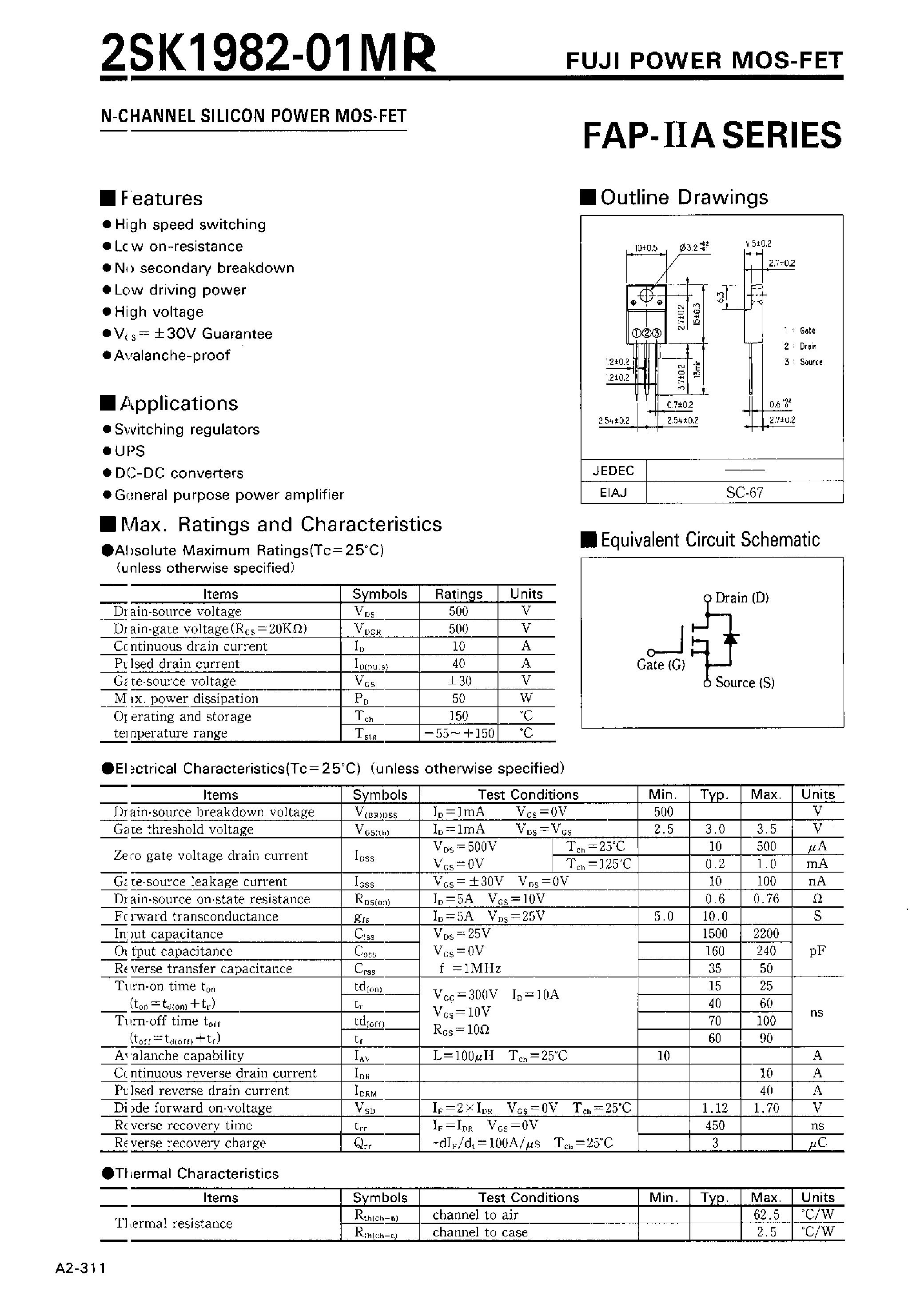 Datasheet 2SK1982-01MR page 1 Datasheet 2SK1982-01MR - N-CHANNEL SILICON POWER MOSFET page 1