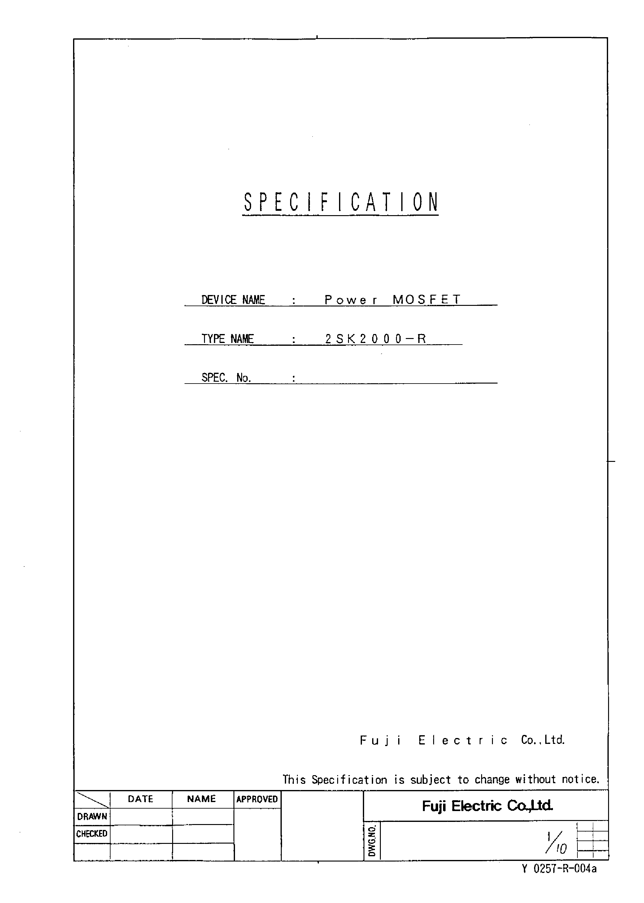 Datasheet 2SK2000-R page 1 Datasheet 2SK2000-R - Power MOSFET page 1