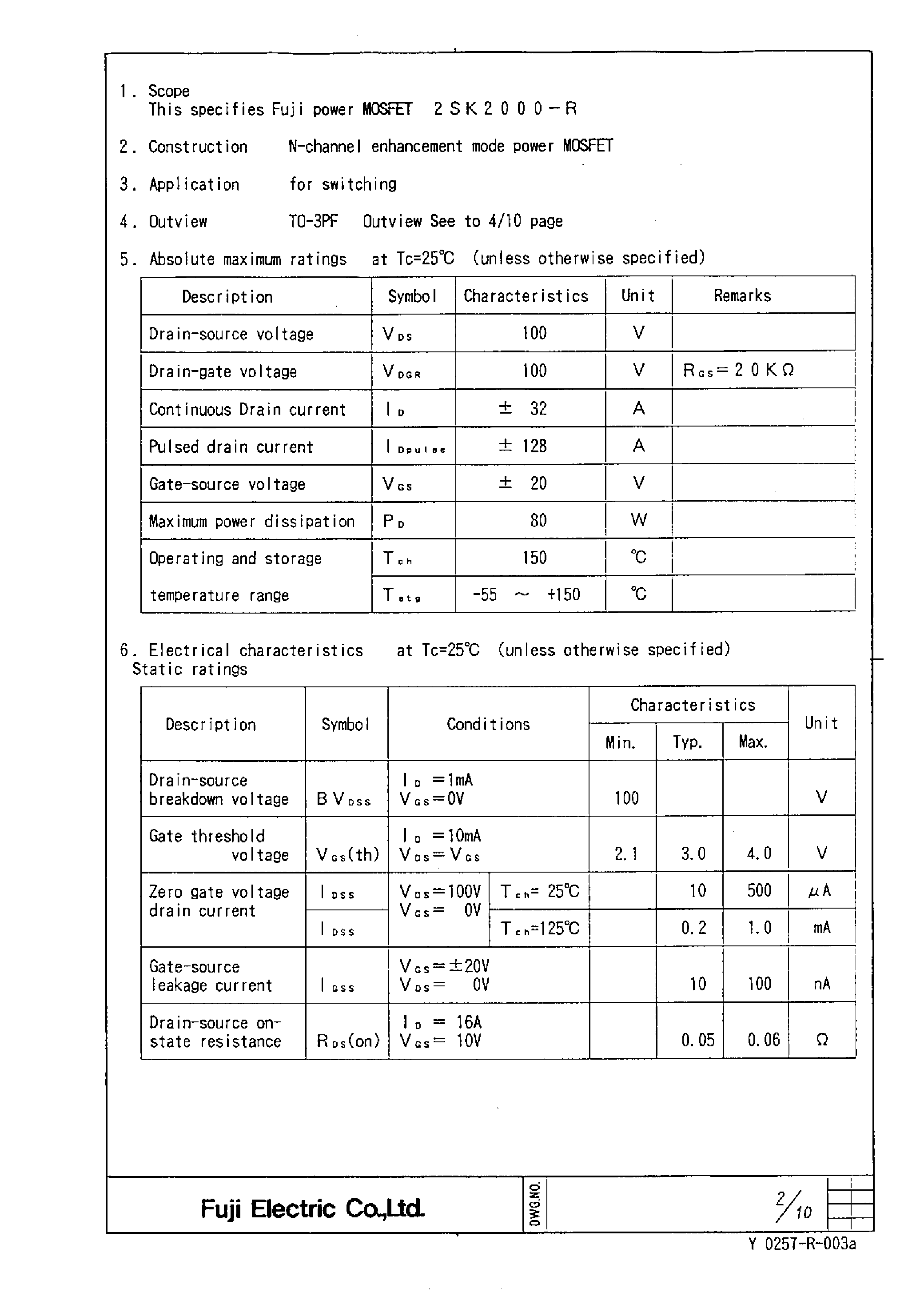 Datasheet 2SK2000-R page 2 Datasheet 2SK2000-R - Power MOSFET page 2