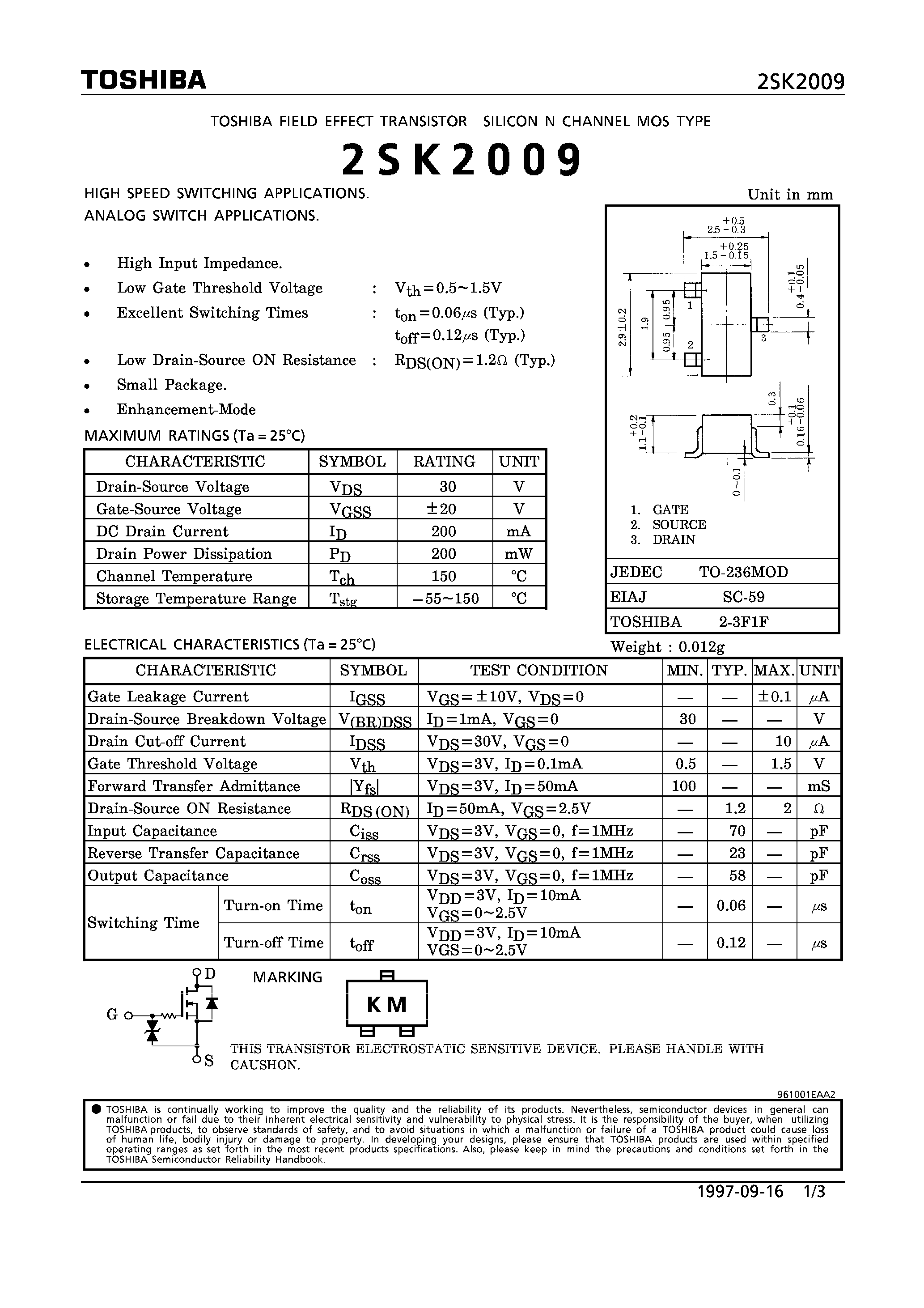 Datasheet 2SK2009 - N CHANNEL MOS TYPE (HIGH SPEED SWITCHING/ ANALOG SWITCH APPLICATIONS) page 1