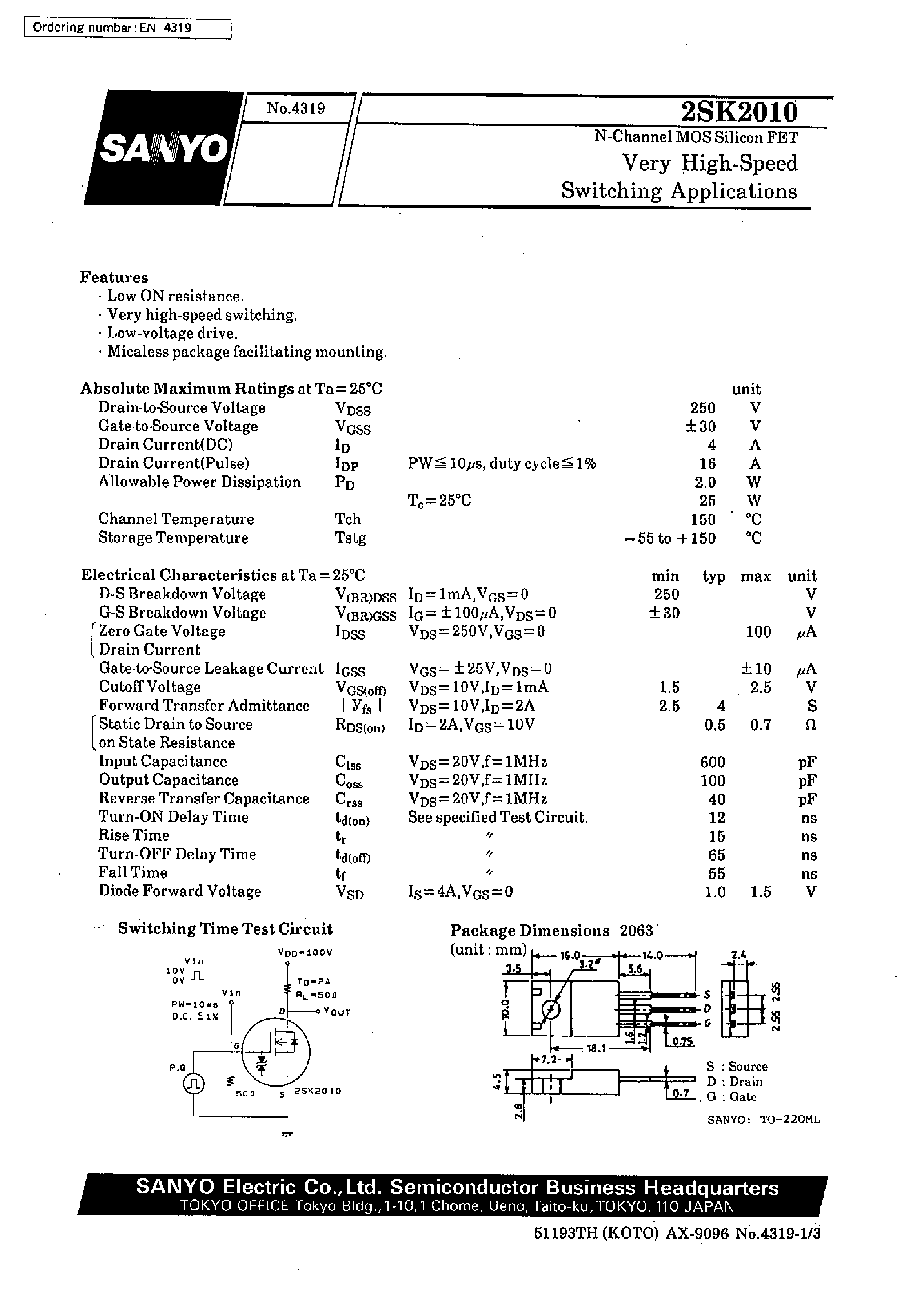 Datasheet 2SK2010 - Very High-Speed Switching Applications page 1