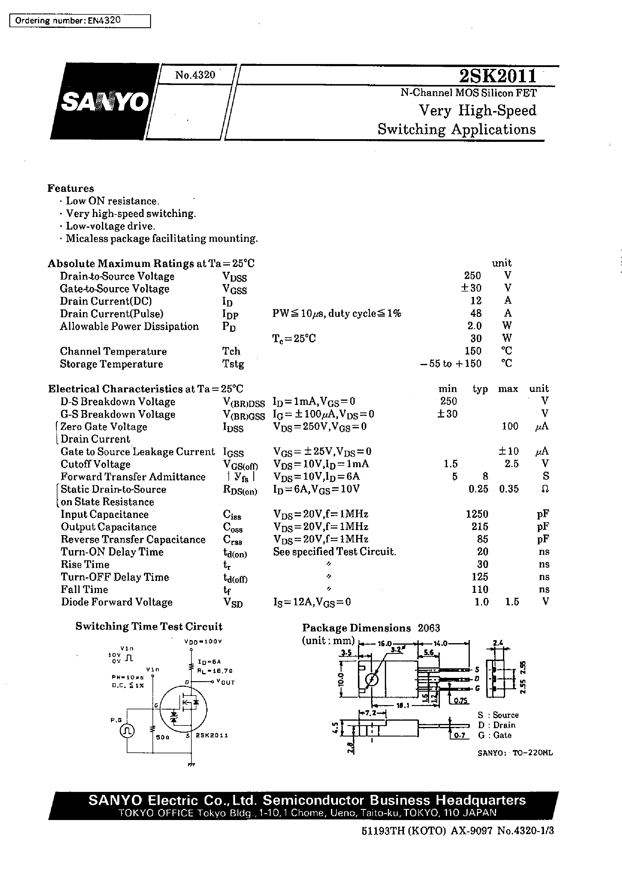 Datasheet 2SK2011 page 1 Datasheet 2SK2011 - Very High-Speed Switching Applications page 1