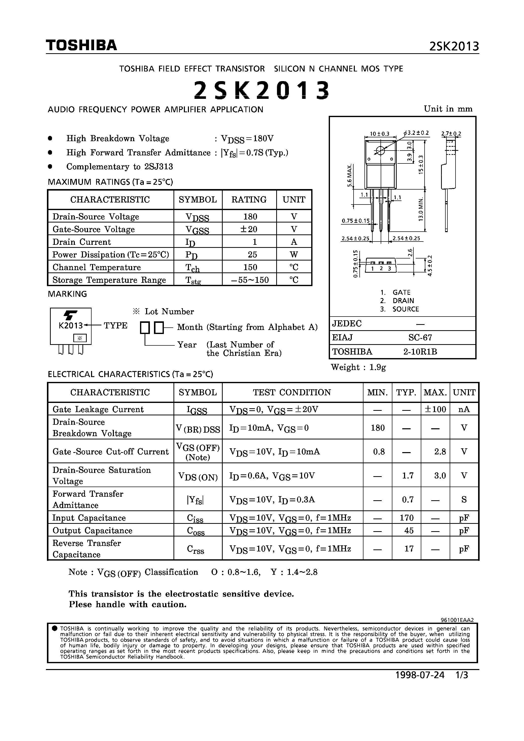 Datasheet 2SK2013 - N CHANNEL MOS TYPE (AUDIO FREQUENCY POWER AMPLIFIER APPLICATION) page 1