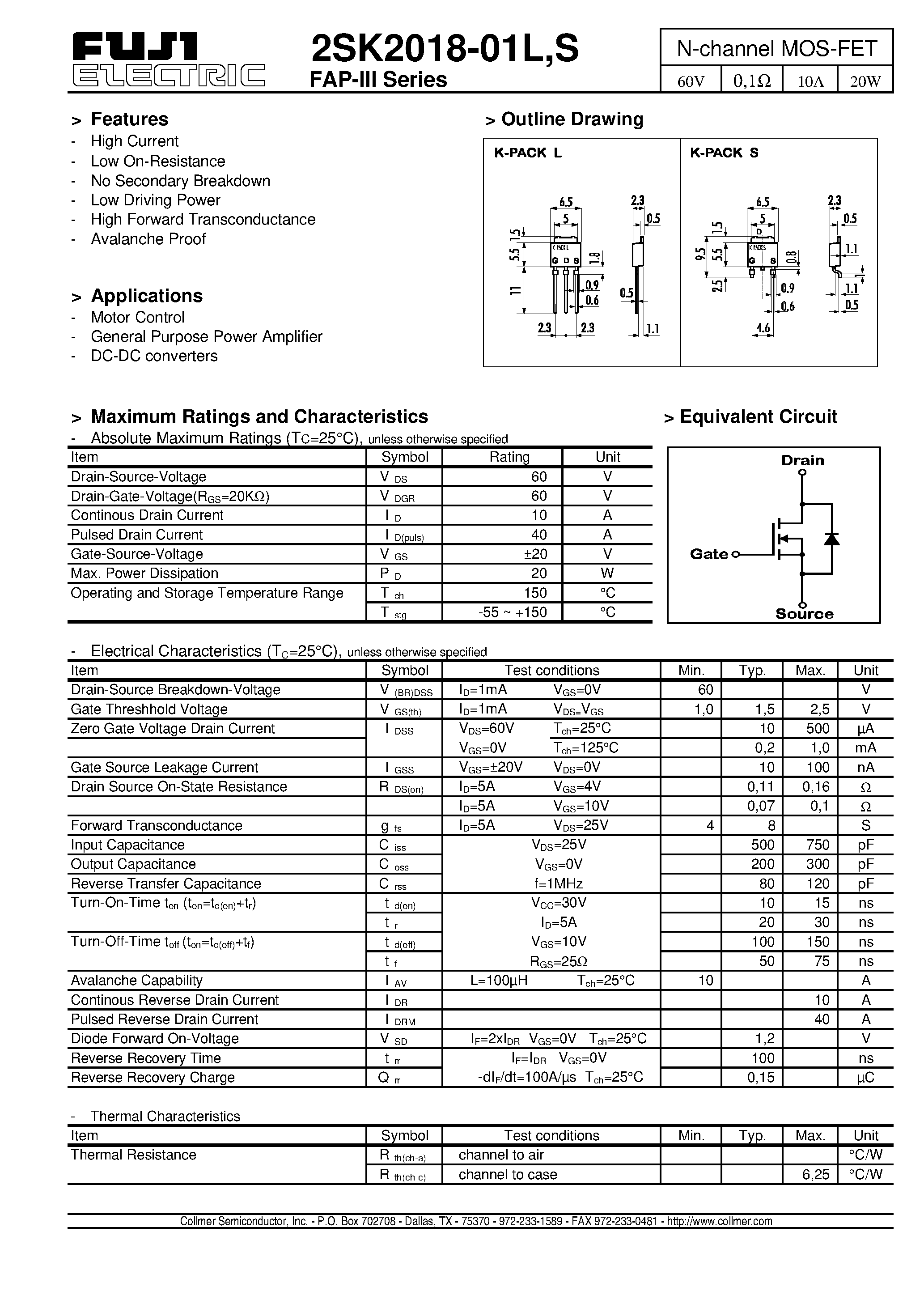 Datasheet 2SK2018-01L page 1 Datasheet 2SK2018-01L - N-channel MOS-FET page 1