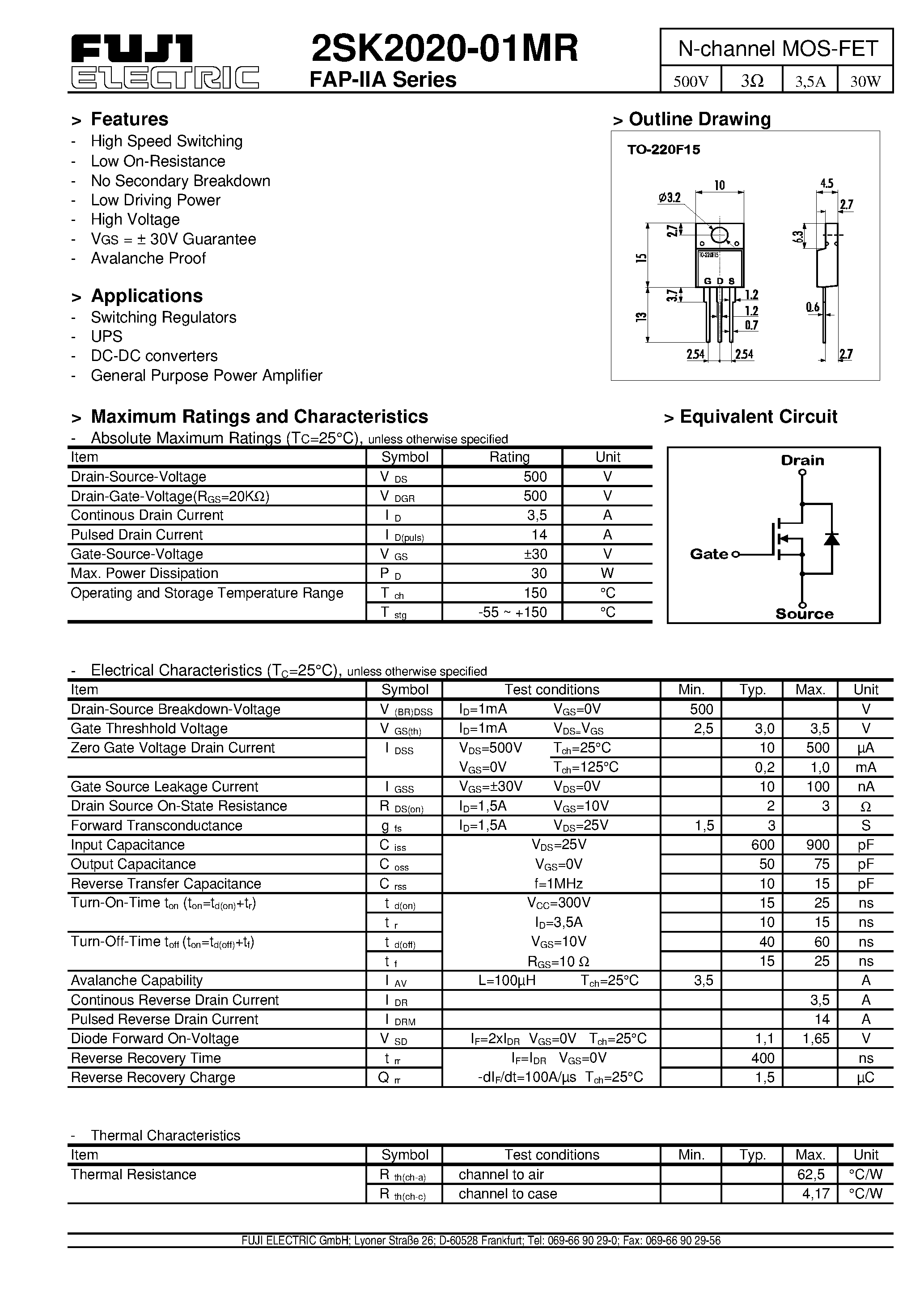 Datasheet 2SK2020-01MR - N-channel MOS-FET page 1