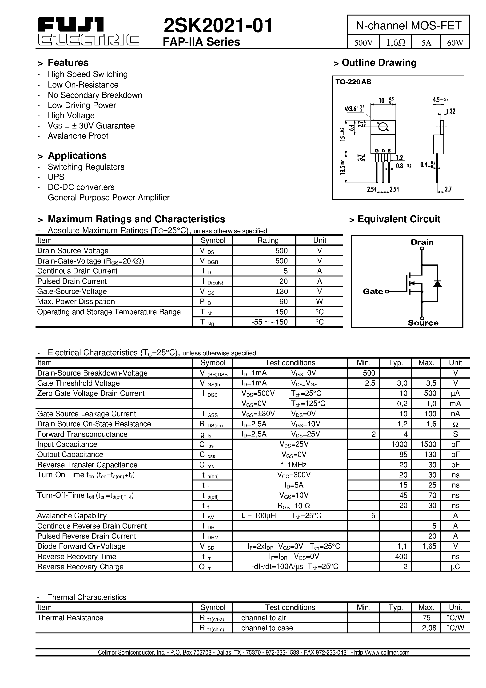 Datasheet 2SK2021-01 - N-channel MOS-FET page 1