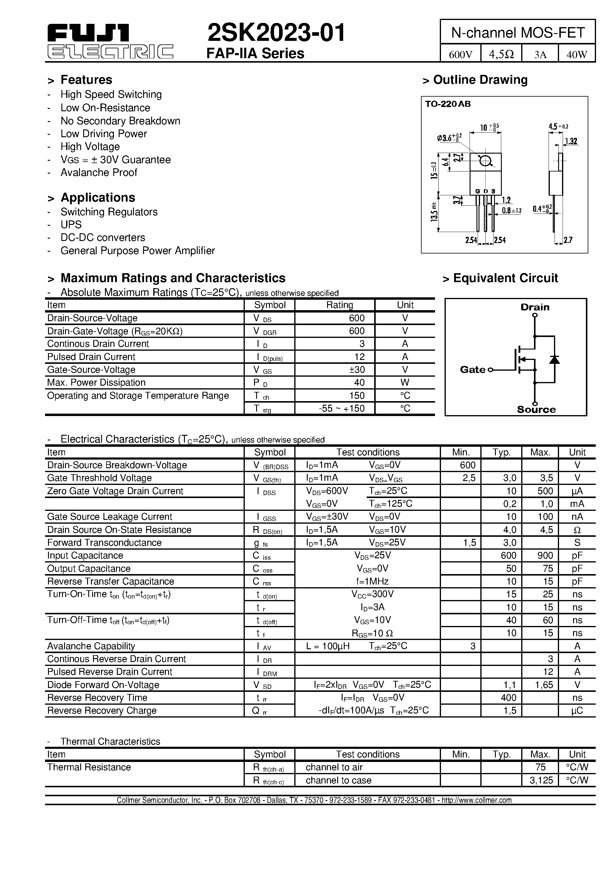 Datasheet 2SK2023-01 - N-channel MOS-FET page 1