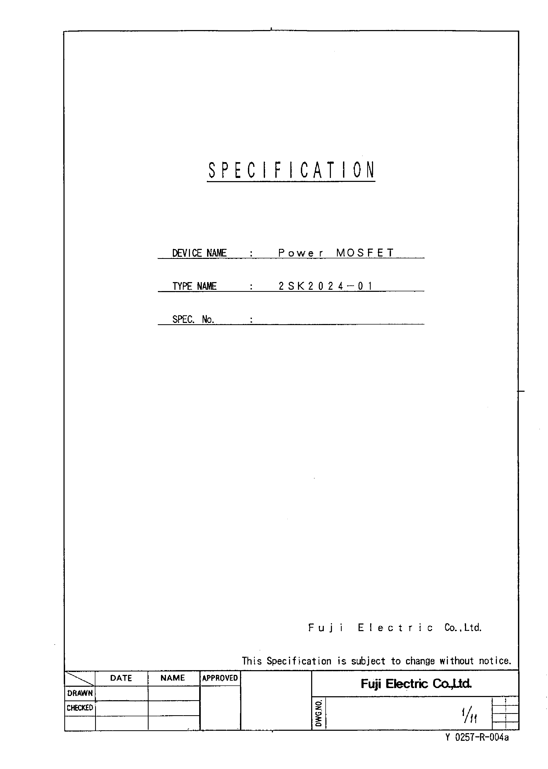 Даташит на микросхему 2SK2024-01 страница 1 Даташит 2SK2024-01 - Power MOSFET страница 1