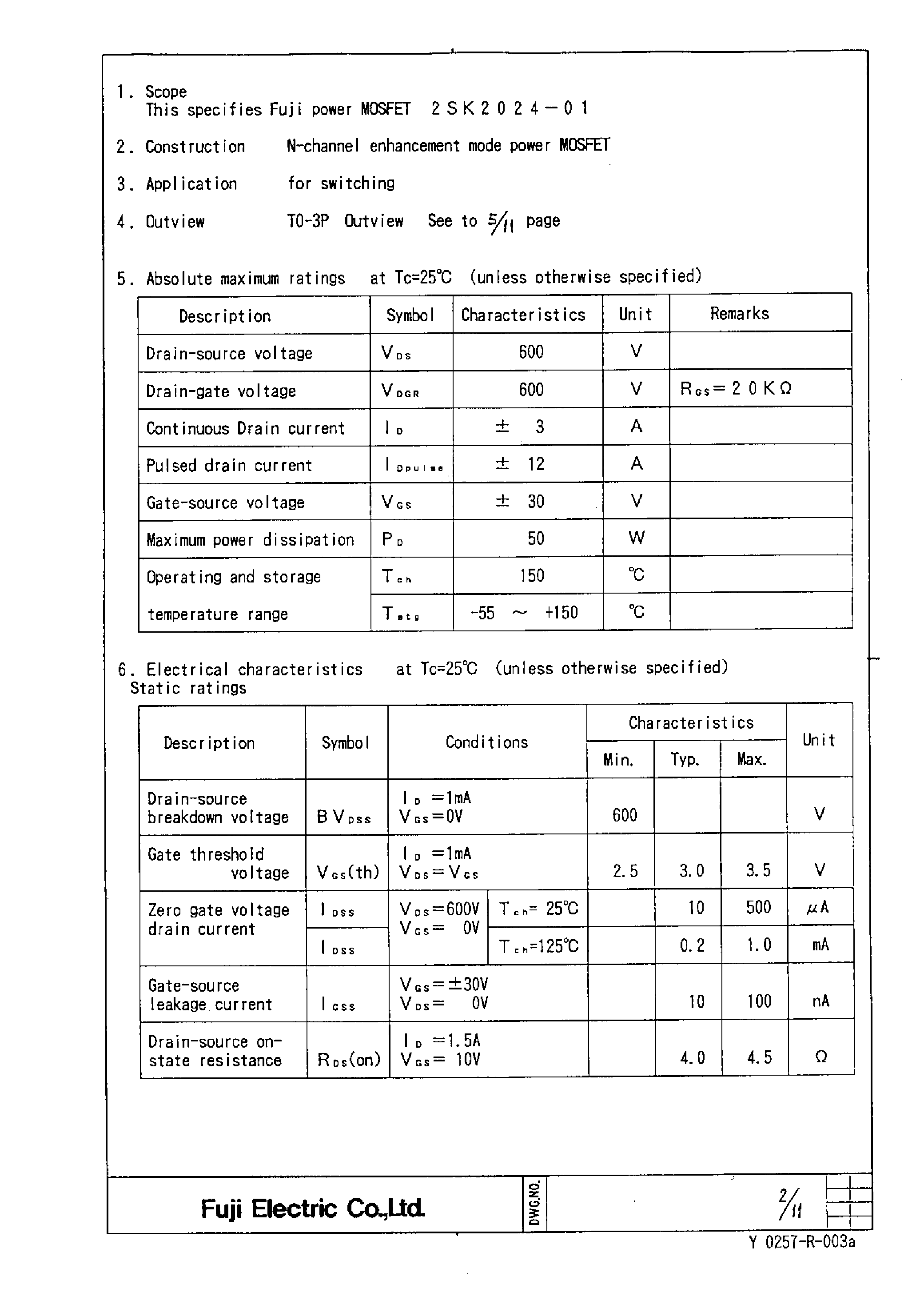 Даташит на микросхему 2SK2024-01 страница 2 Даташит 2SK2024-01 - Power MOSFET страница 2