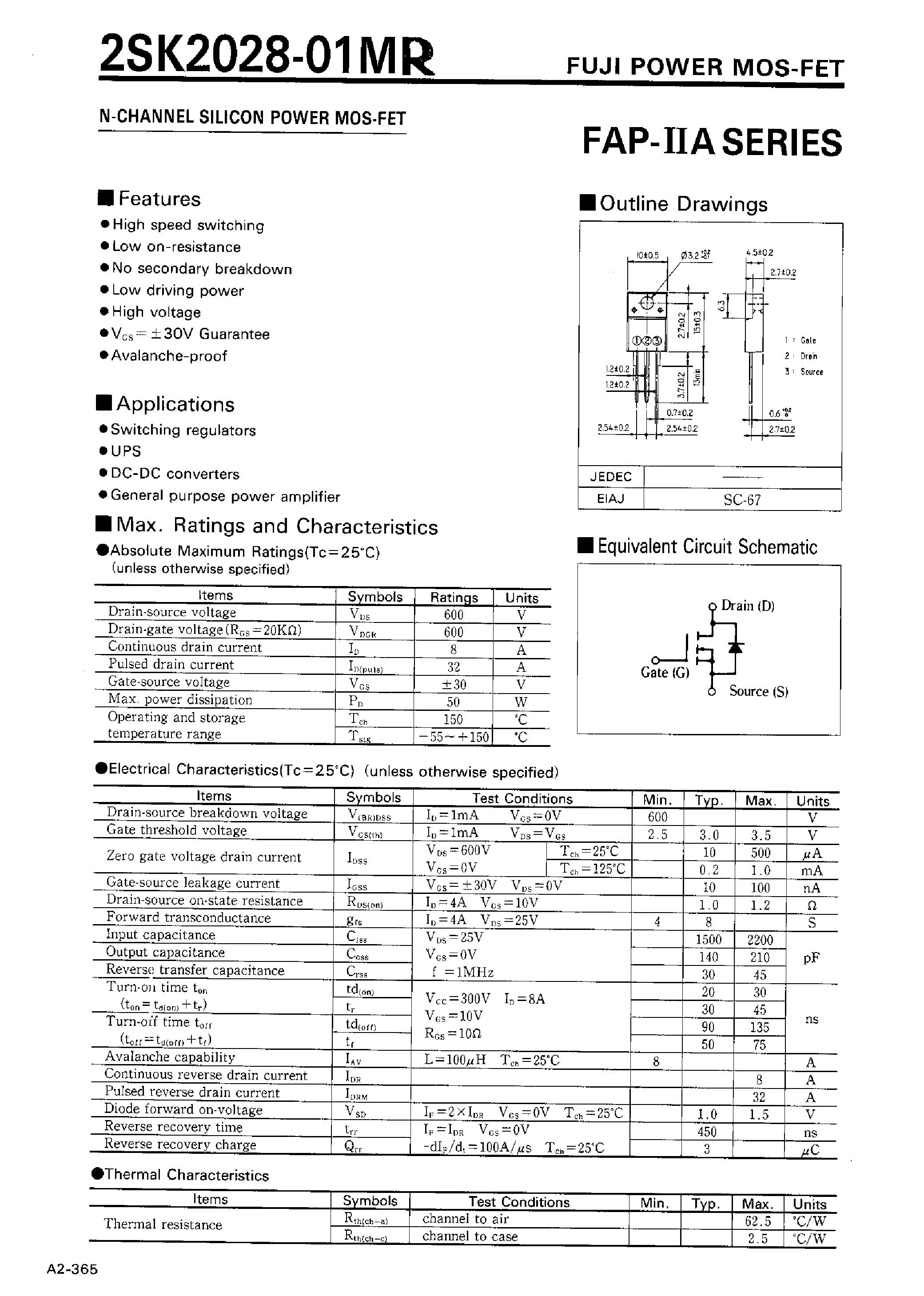 Datasheet 2SK2028-01MR - N-CHANNEL SILICON POWER MOSFET page 1