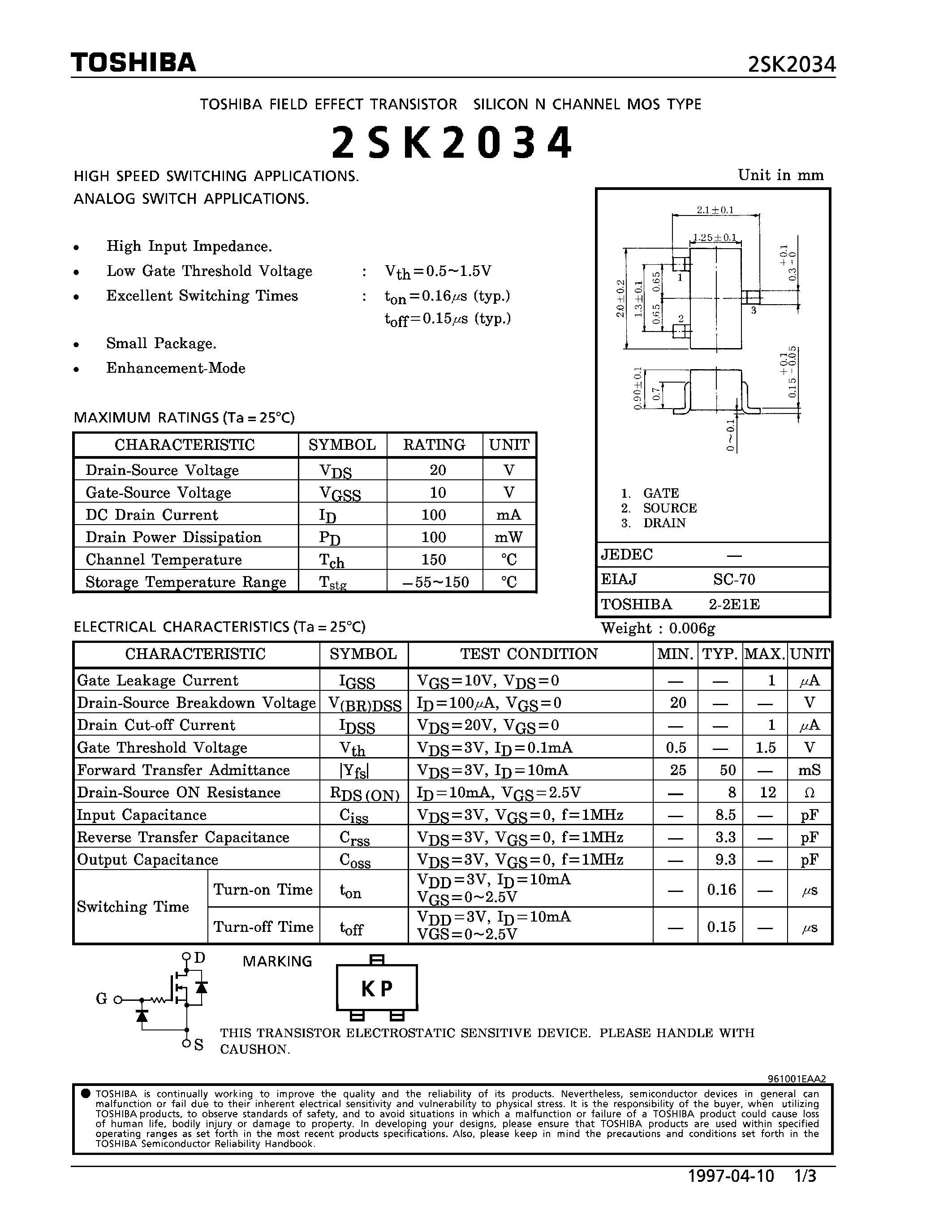 Datasheet 2SK2034 - N CHANNEL MOS TYPE (HIGH SPEED SWITCHING/ ANALOG SWITCH APPLICATIONS) page 1