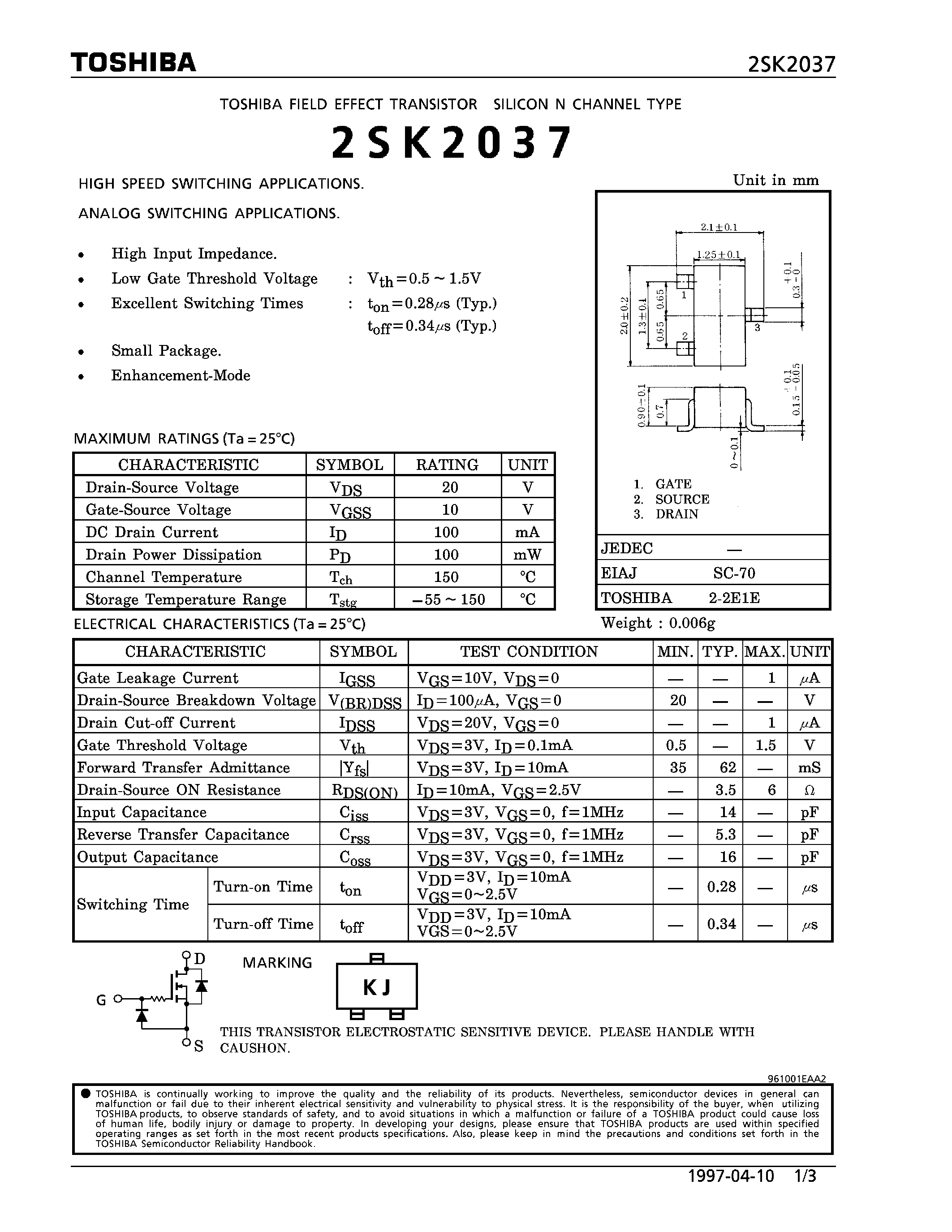 Даташит на микросхему 2SK2037 страница 1 Даташит 2SK2037 - TOSHIBA FIELD EFFECT TRANSISTOR SILICON CHANNEL TYPE страница 1