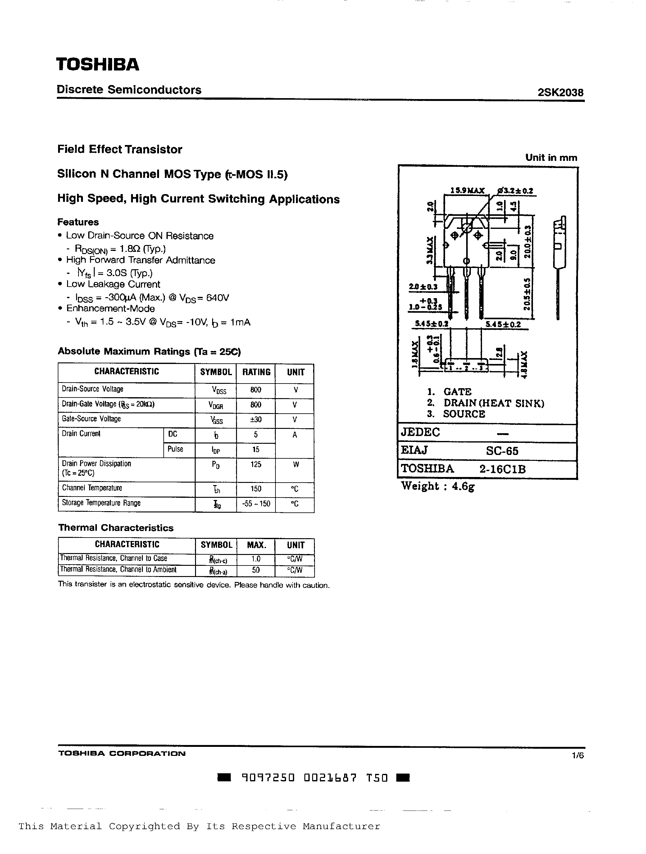 Даташит 2SK2038 - N CHANNEL MOS TYPE (HIGH SPEED/ HIGH CURRENT SWITCHING APPLICATIONS) страница 1