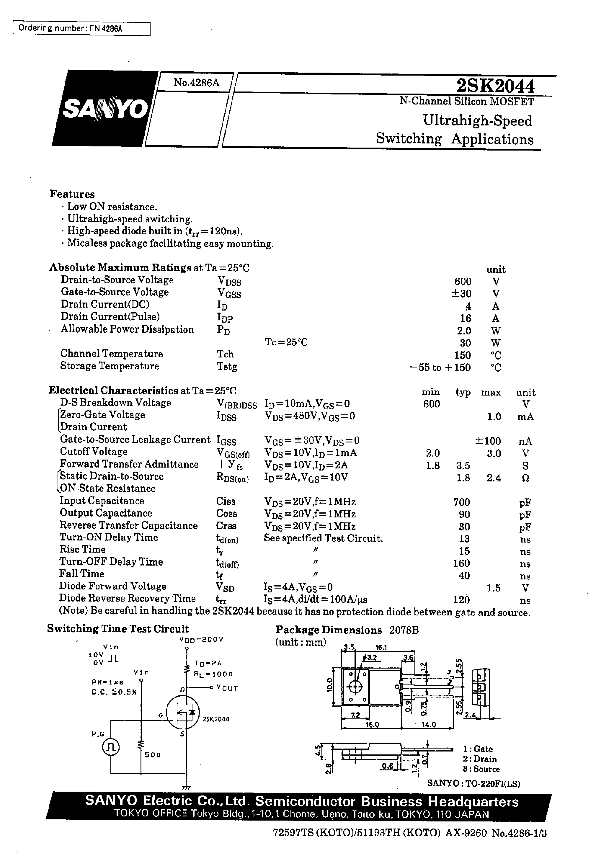 Даташит 2SK2044 - Ultrahigh-Speed Switching Applications страница 1