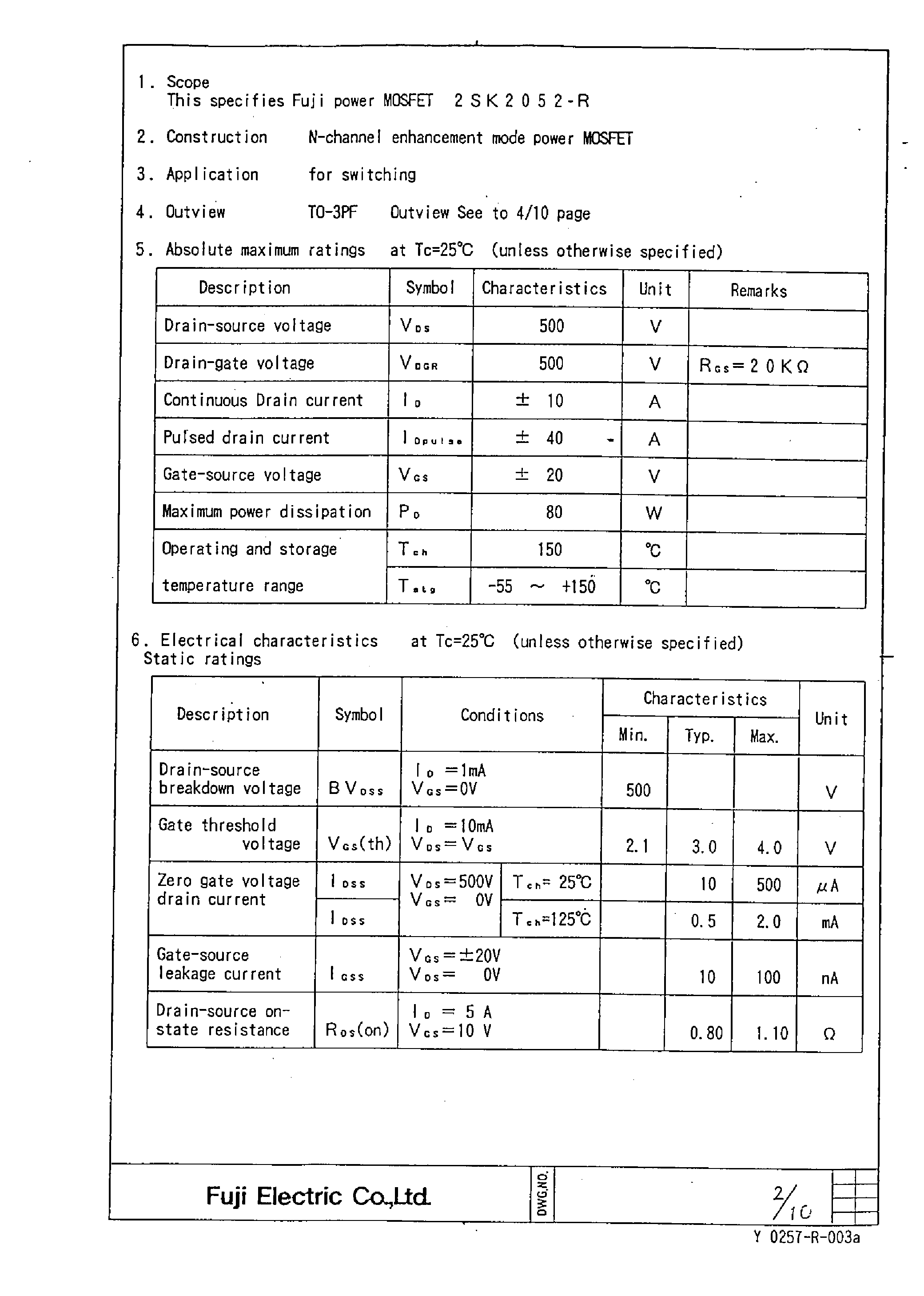 Даташит на микросхему 2SK2052 страница 2 Даташит 2SK2052 - Power MOSFET страница 2