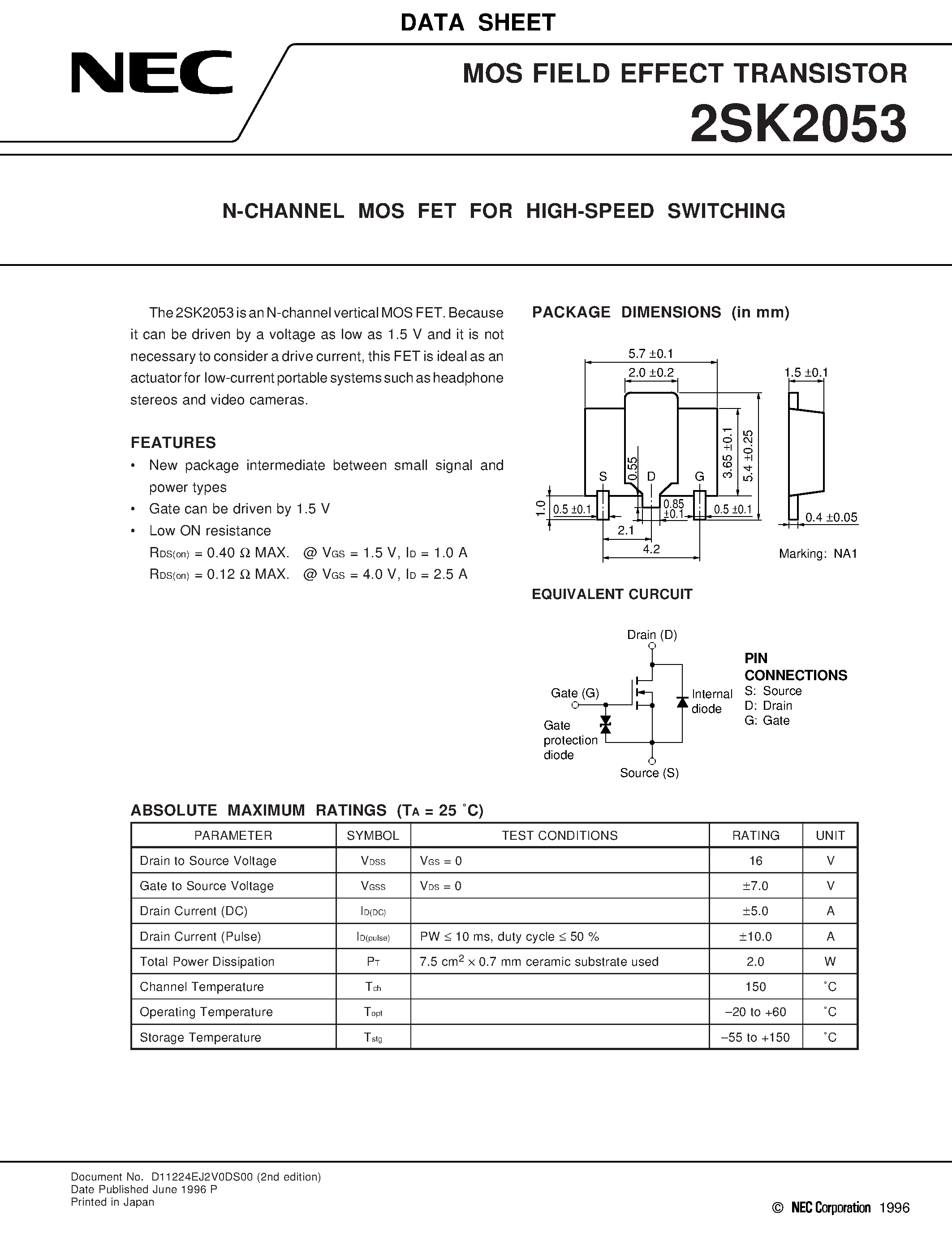 Даташит на микросхему 2SK2053 страница 1 Даташит 2SK2053 - N-CHANNEL MOS FET FOR HIGH-SPEED SWITCHING страница 1