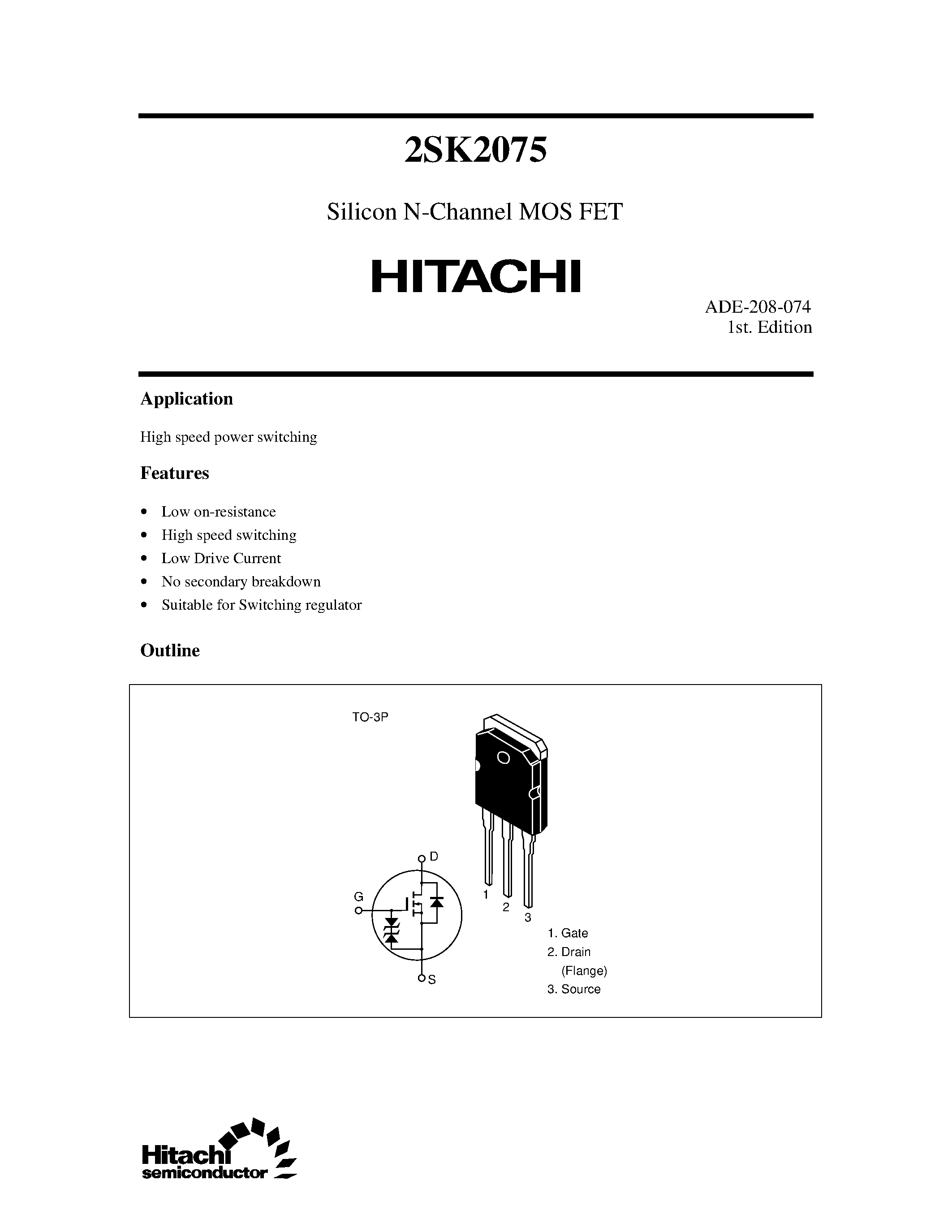 Даташит на микросхему 2SK2075 страница 1 Даташит 2SK2075 - Silicon N-Channel MOS FET страница 1