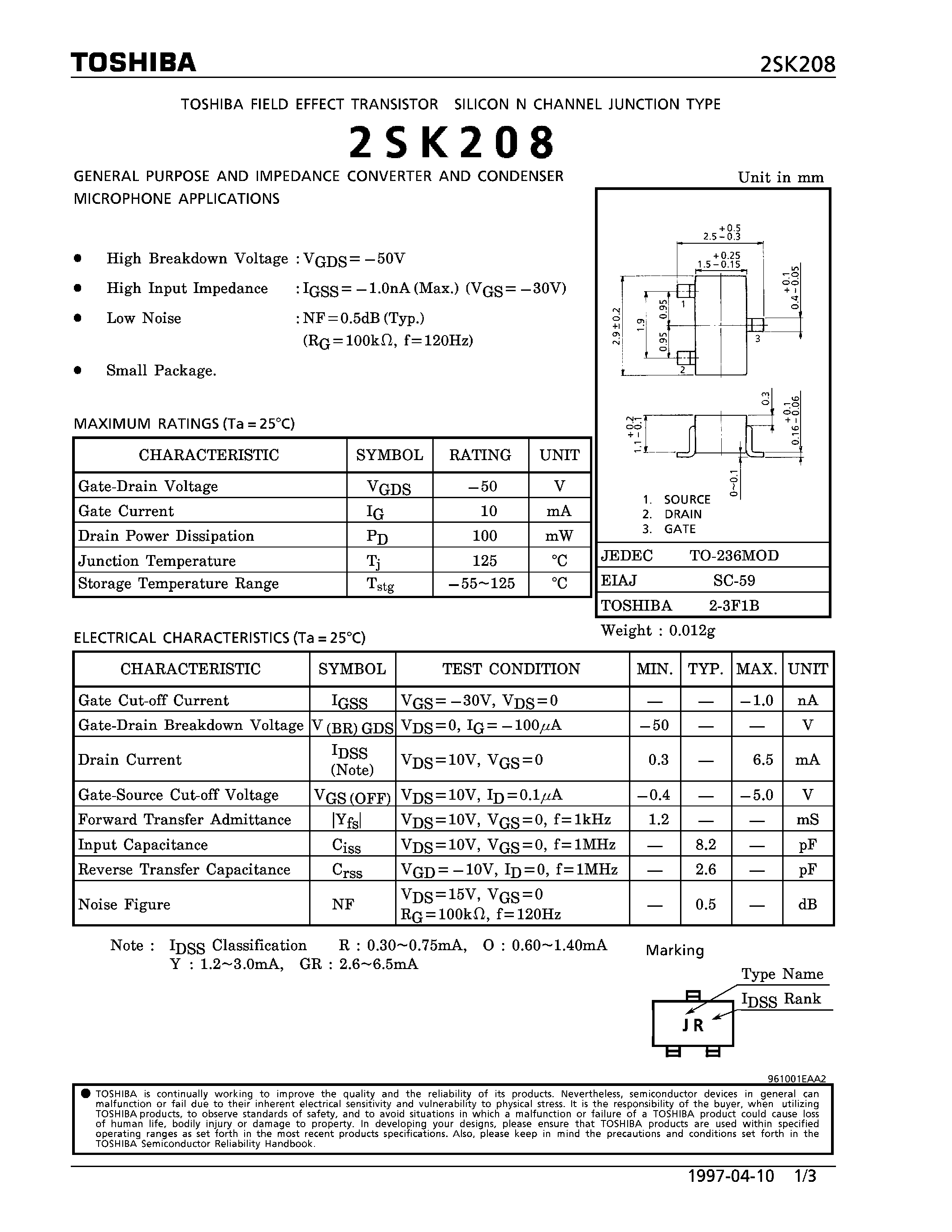 Даташит на микросхему 2SK208 страница 1 Даташит 2SK208 - N CHANNEL JUNCTION TYPE (GENERAL PURPOSE AND IMPEDANCE CONVERTER AND CONDENSER MICROPHONE APPLICATIONS) страница 1
