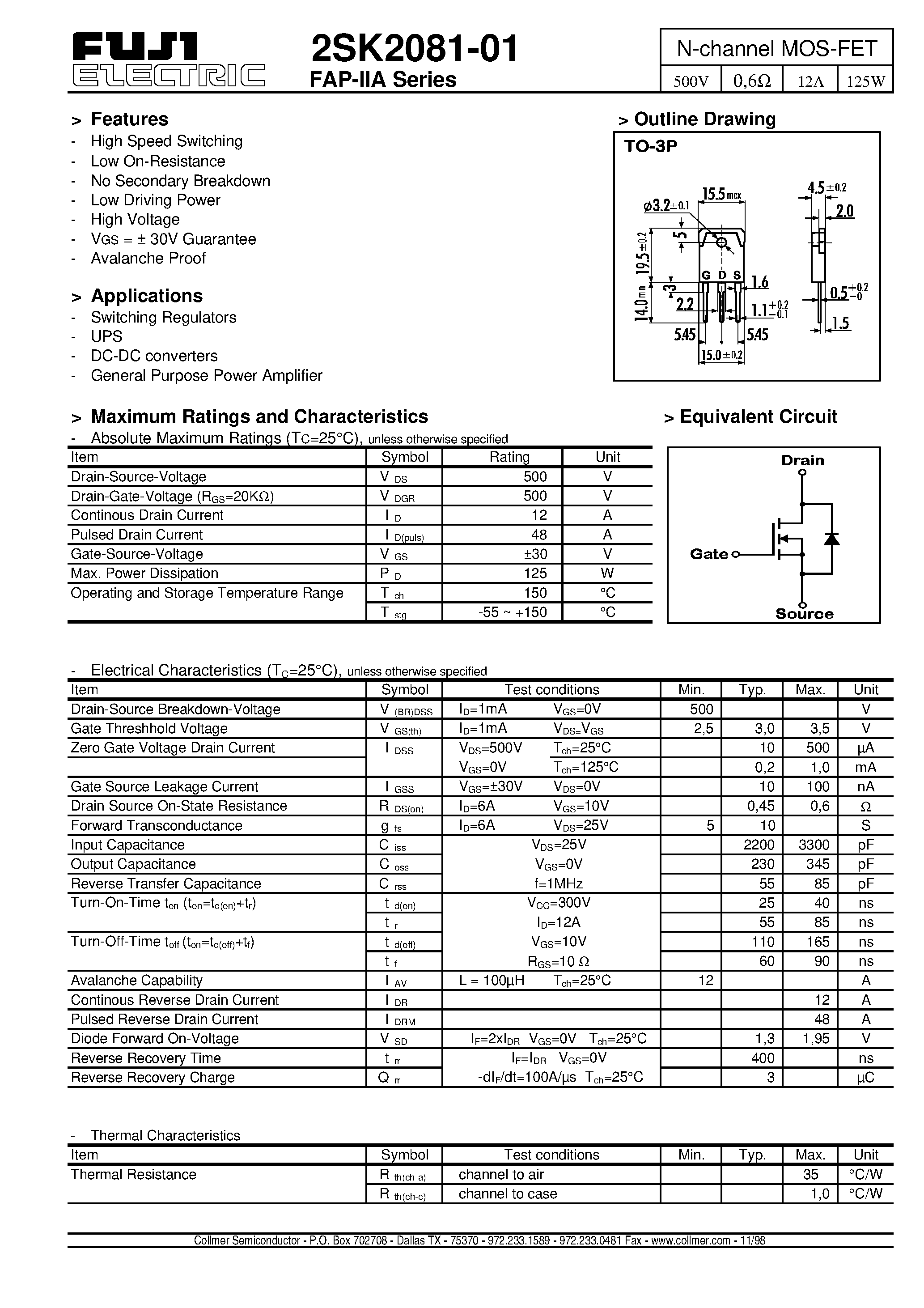 Даташит на микросхему 2SK2081-01 страница 1 Даташит 2SK2081-01 - N-channel MOS-FET страница 1
