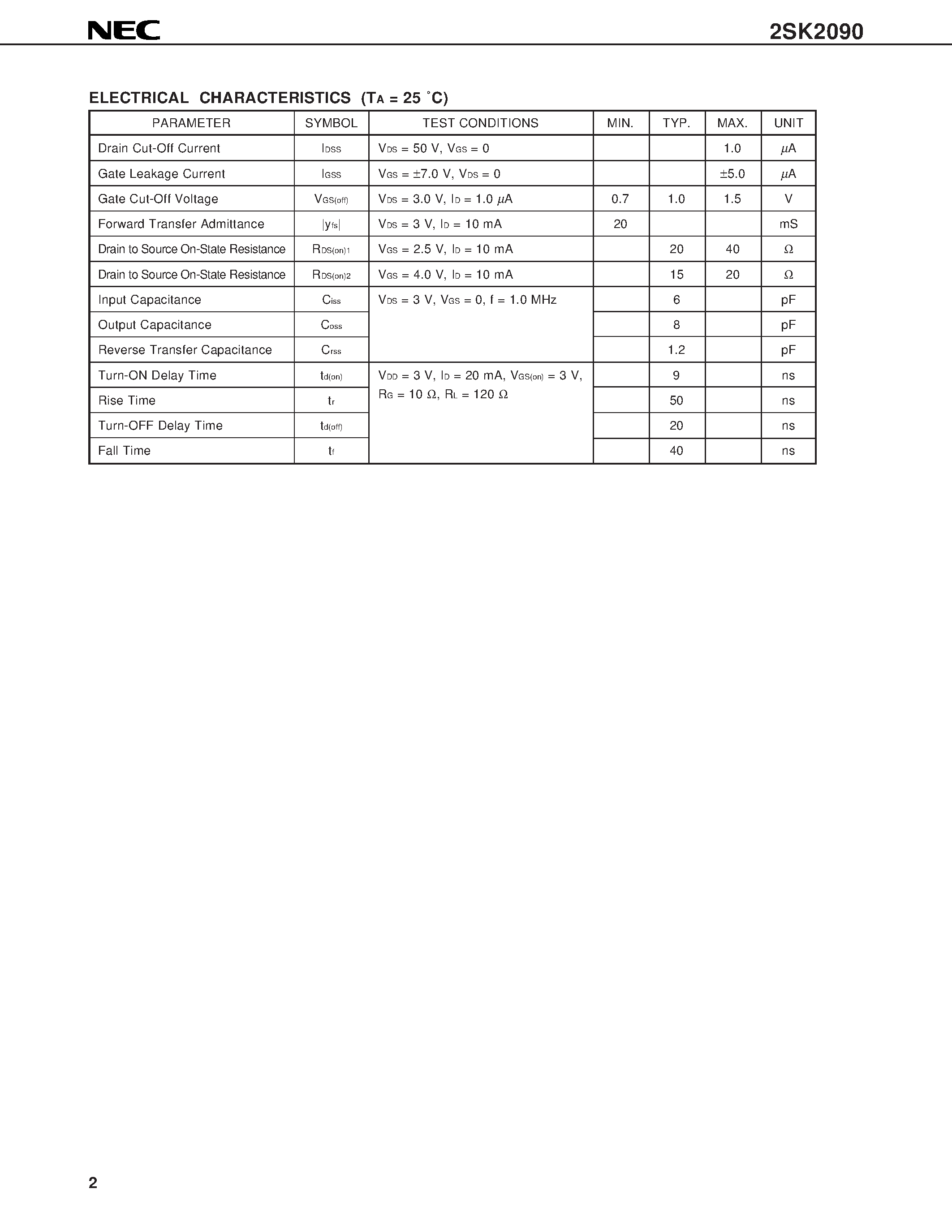 Даташит на микросхему 2SK2090 страница 2 Даташит 2SK2090 - N-Channel MOS FET FOR HIGH-SPEED SWITCHING страница 2