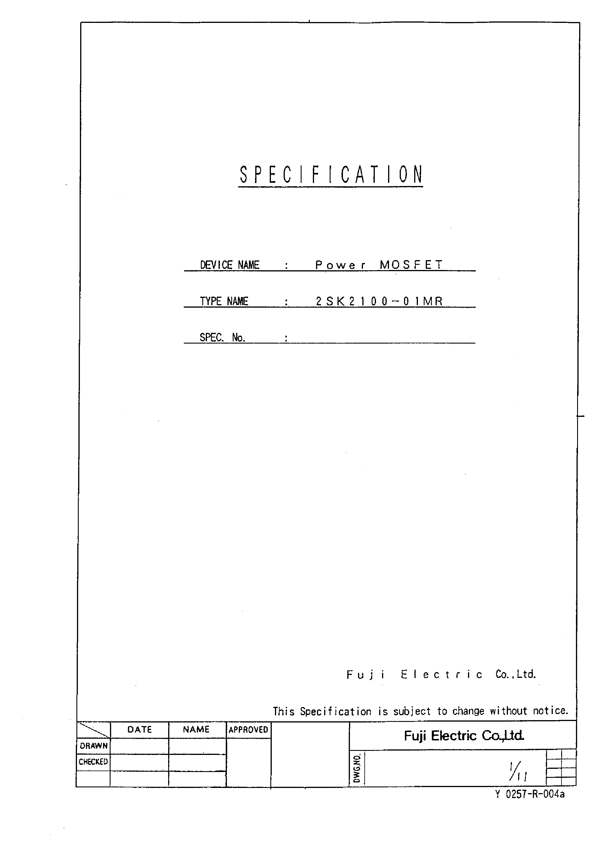 Даташит на микросхему 2SK2100-01MR страница 1 Даташит 2SK2100-01MR - Power MOSFET страница 1