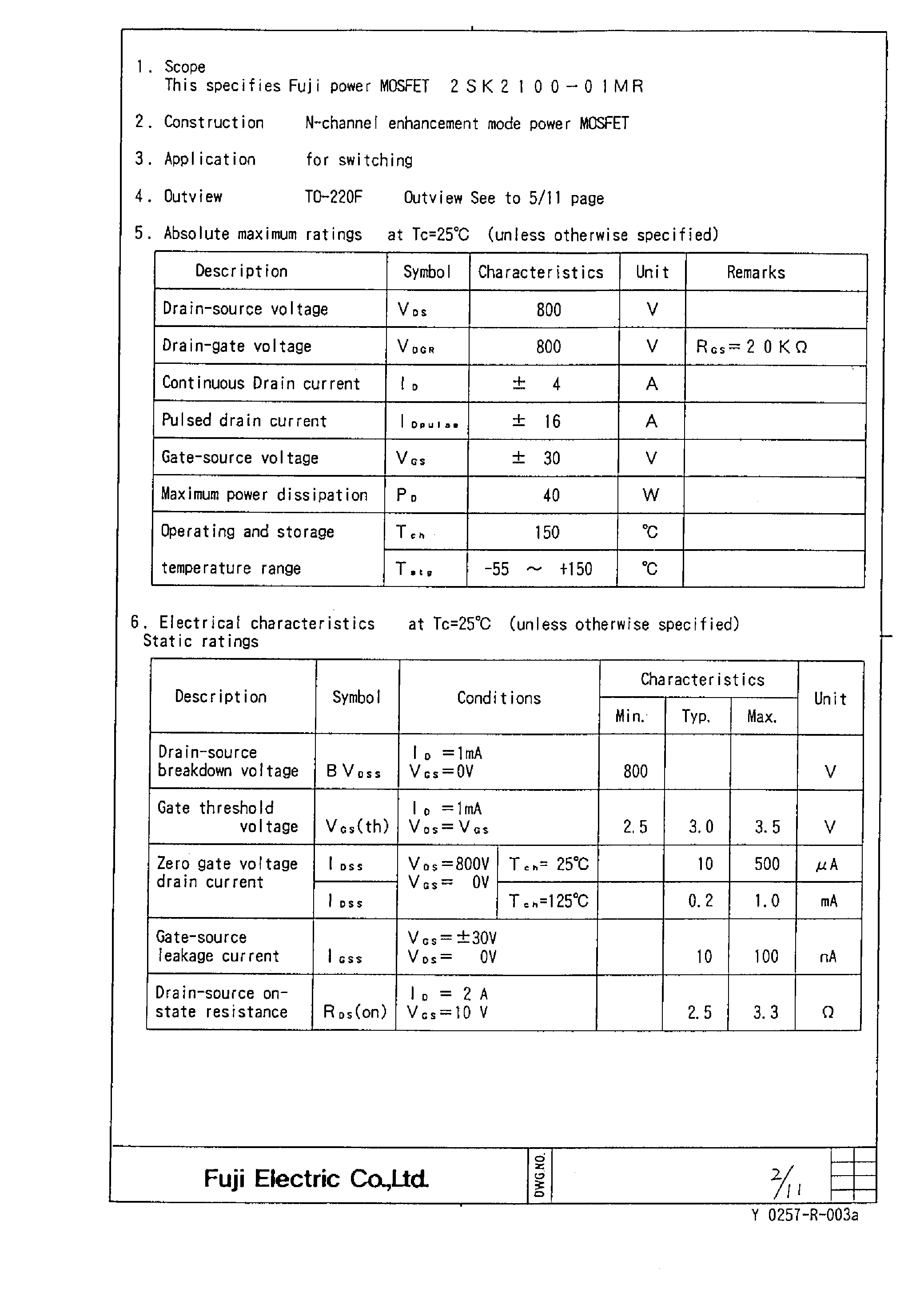 Даташит на микросхему 2SK2100-01MR страница 2 Даташит 2SK2100-01MR - Power MOSFET страница 2