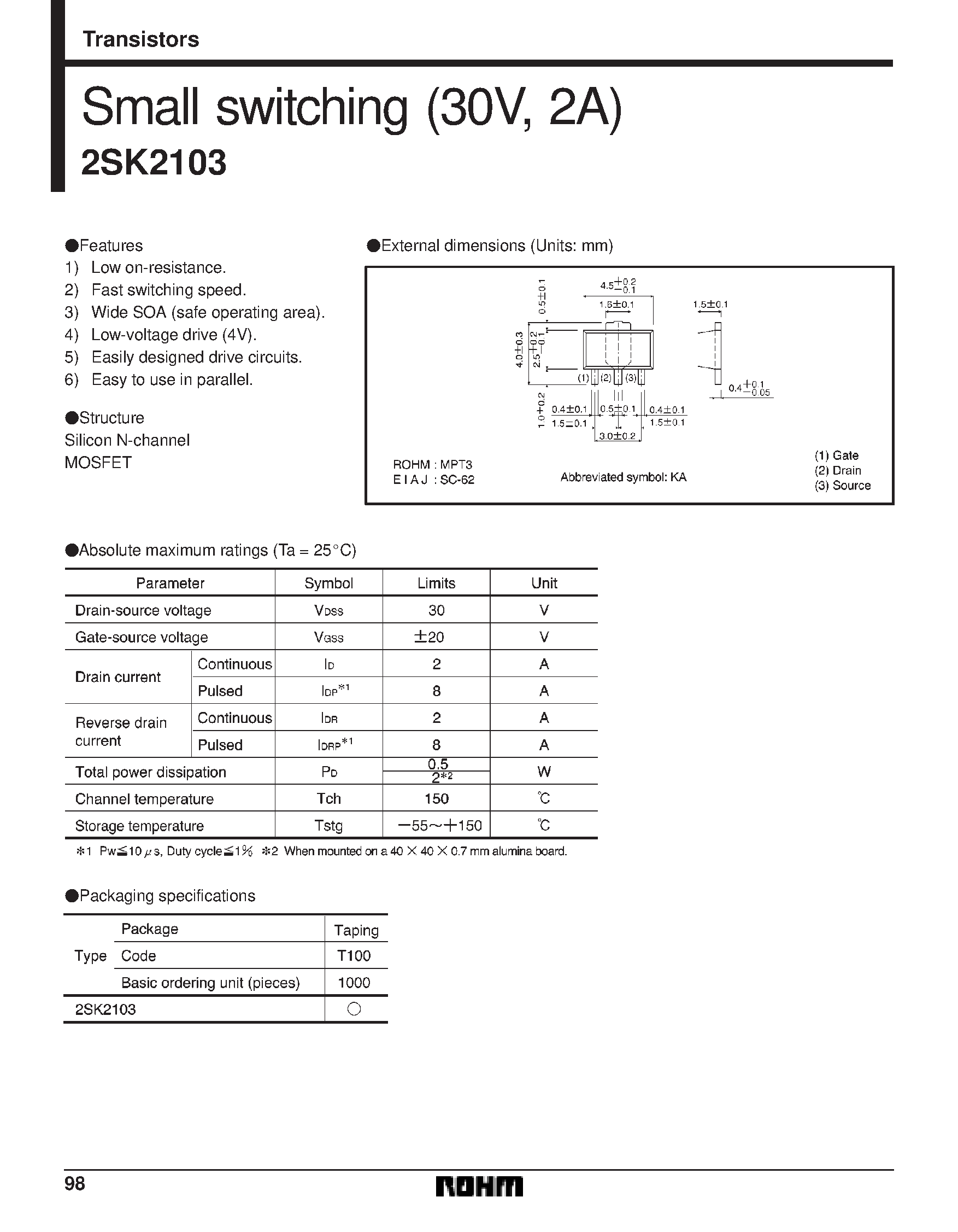 Даташит на микросхему 2SK2103 страница 1 Даташит 2SK2103 - Small switching (30V/ 2A) страница 1