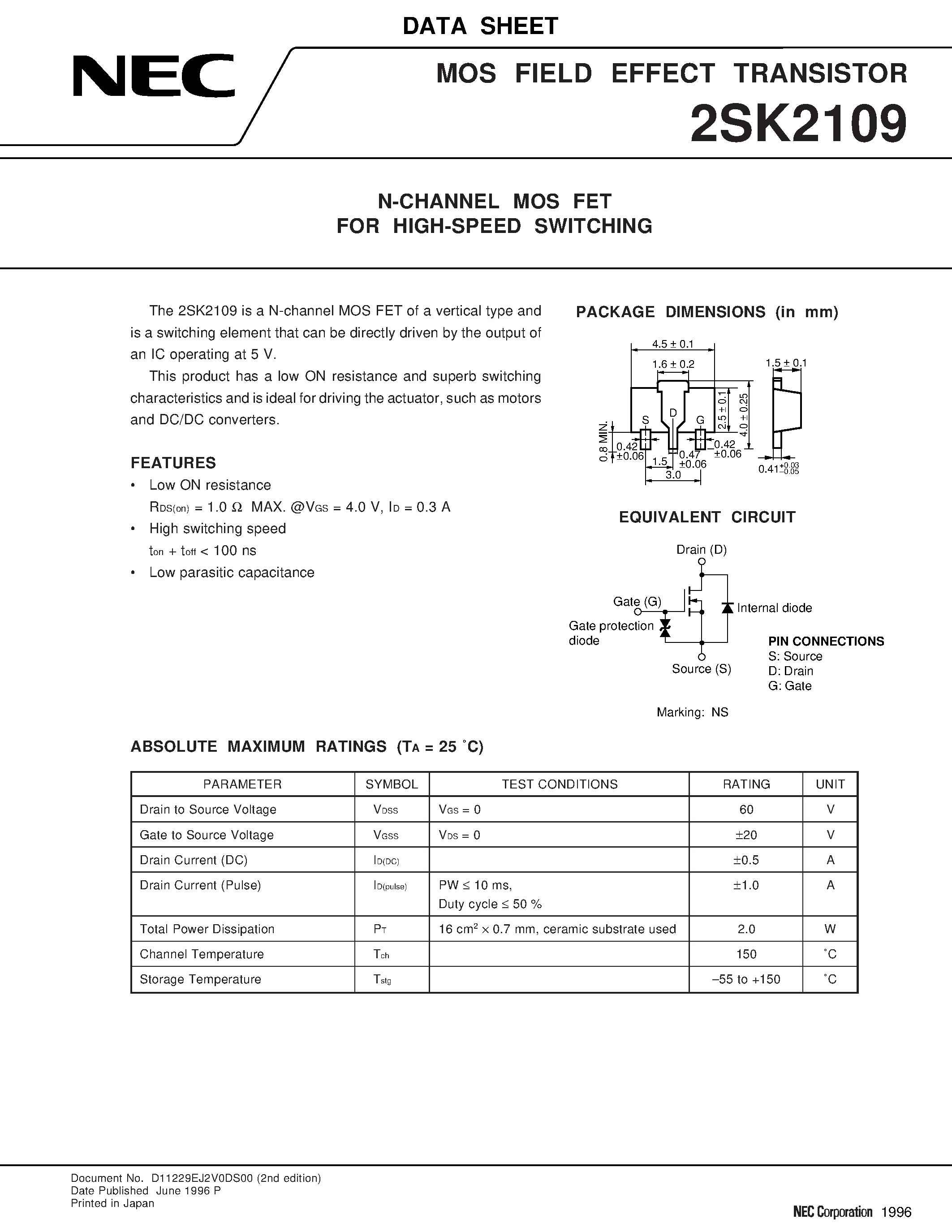Даташит на микросхему 2SK2109 страница 1 Даташит 2SK2109 - N-CHANNEL MOS FET FOR HIGH-SPEED SWITCHING страница 1