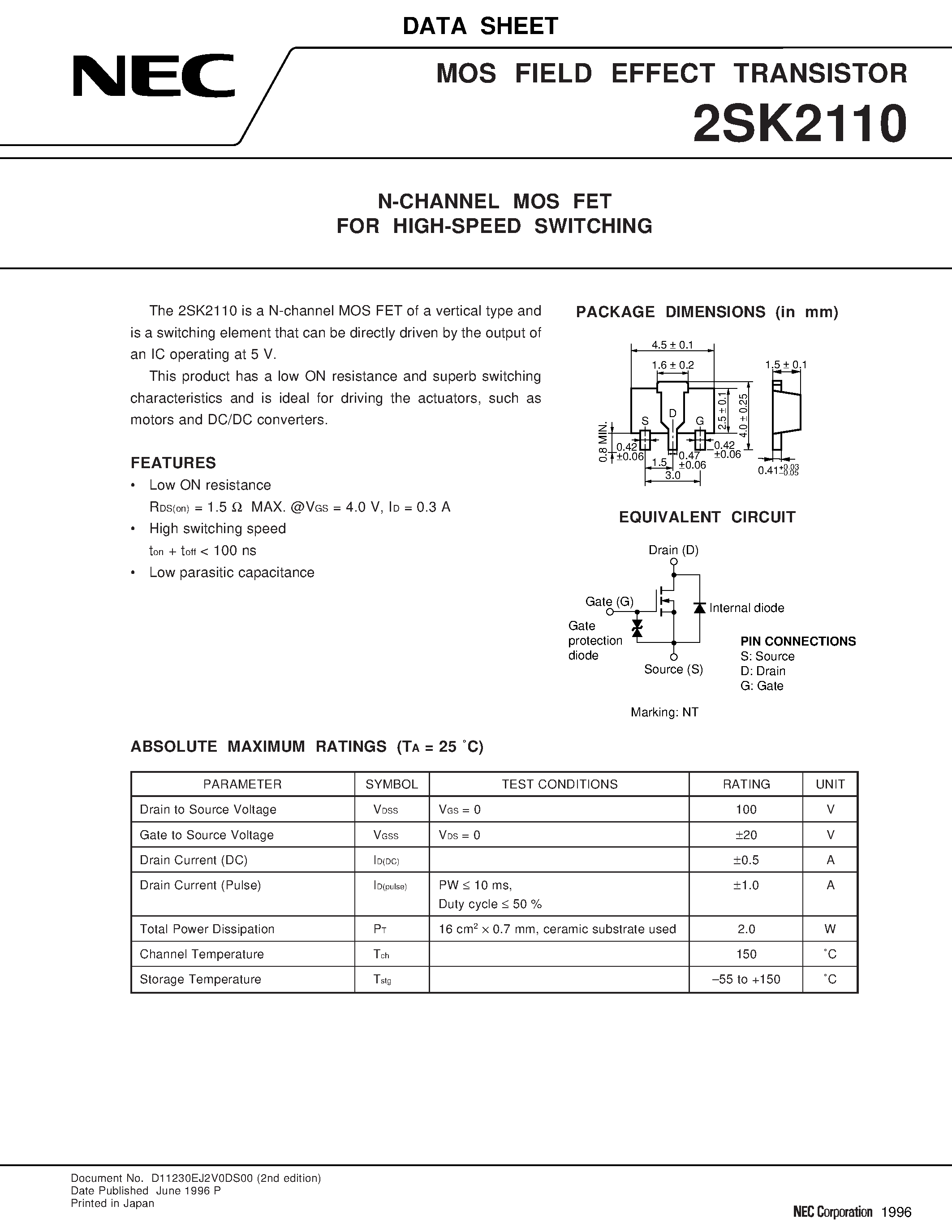 Даташит на микросхему 2SK2110 страница 1 Даташит 2SK2110 - N-CHANNEL MOS FET FOR HIGH-SPEED SWITCHING страница 1