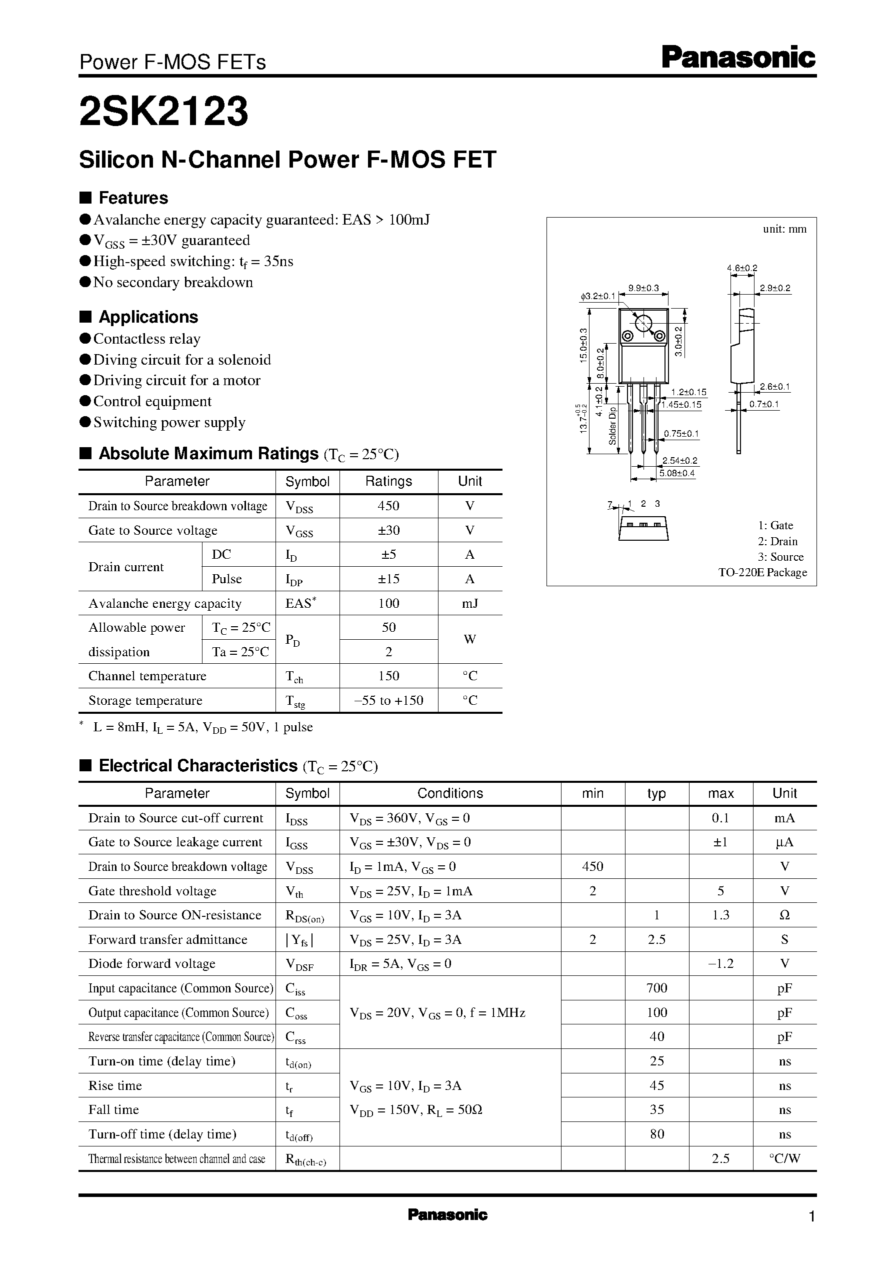 Datasheet 2SK2123 - Silicon N-Channel Power F-MOS FET page 1
