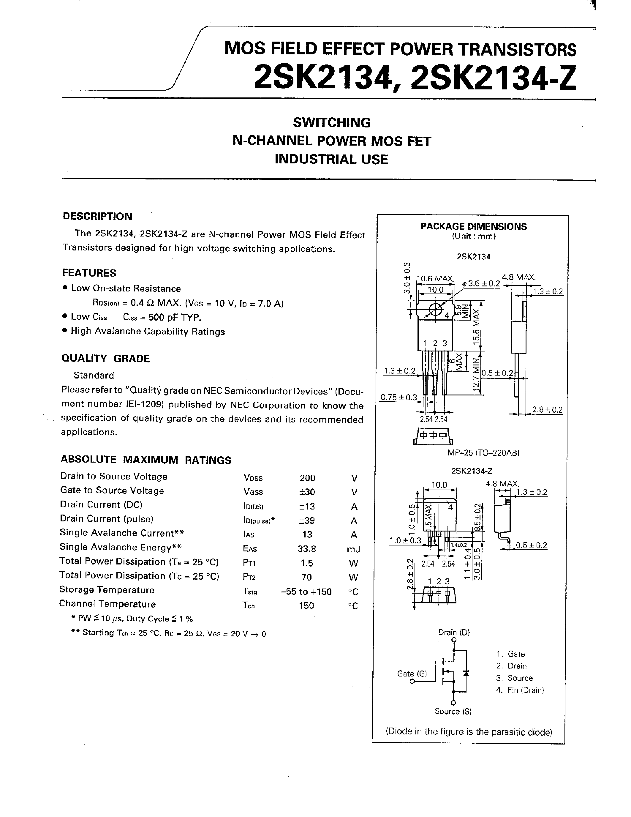 Даташит 2SK2134-Z - SWITCHING N-CHANNEL POWER MOS FET INDUSTRIAL USE страница 1