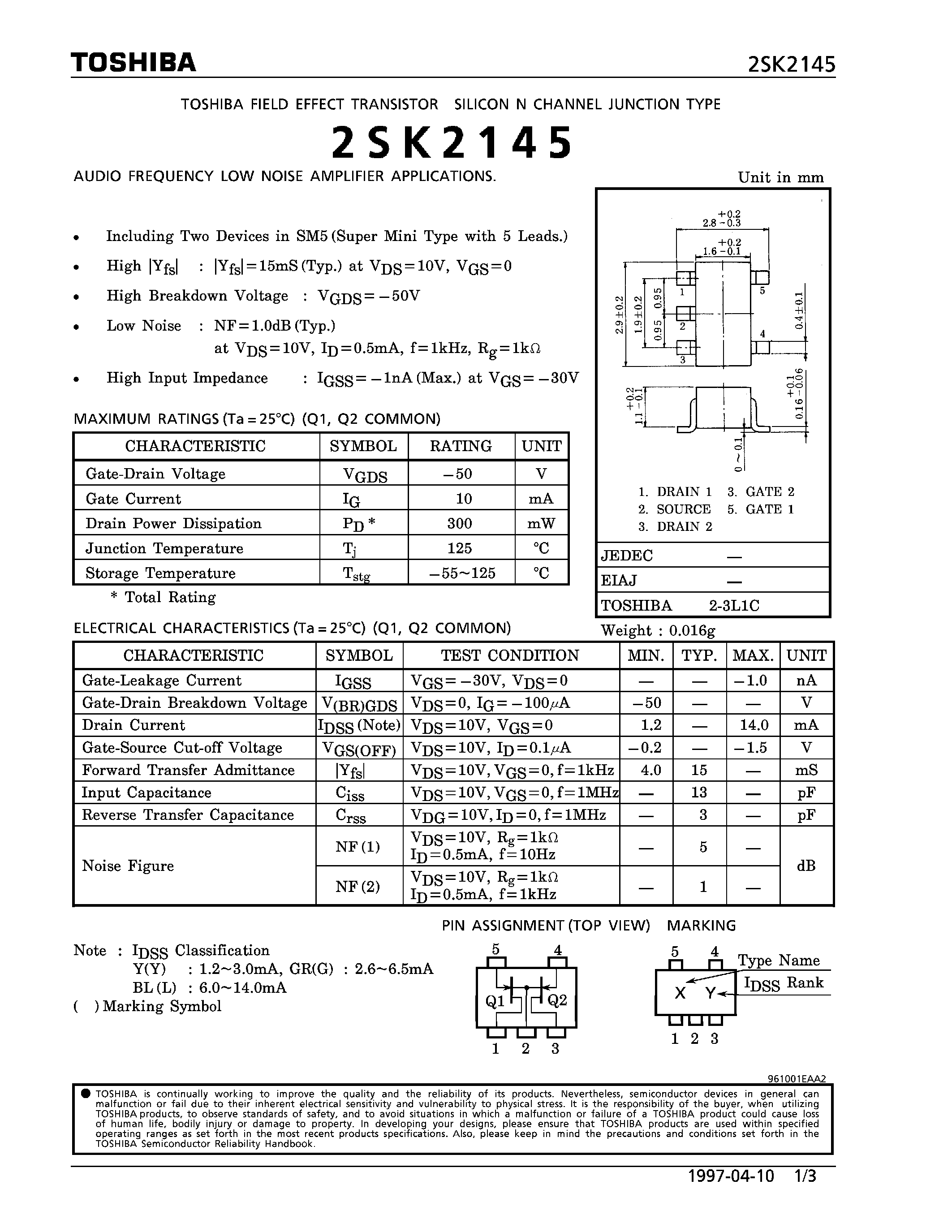 Datasheet 2SK2145 - N CHANNEL JUNCTION TYPE (AUDIO FREQUENCY LOW NOISE AMPLIFIER APPLICATIONS) page 1