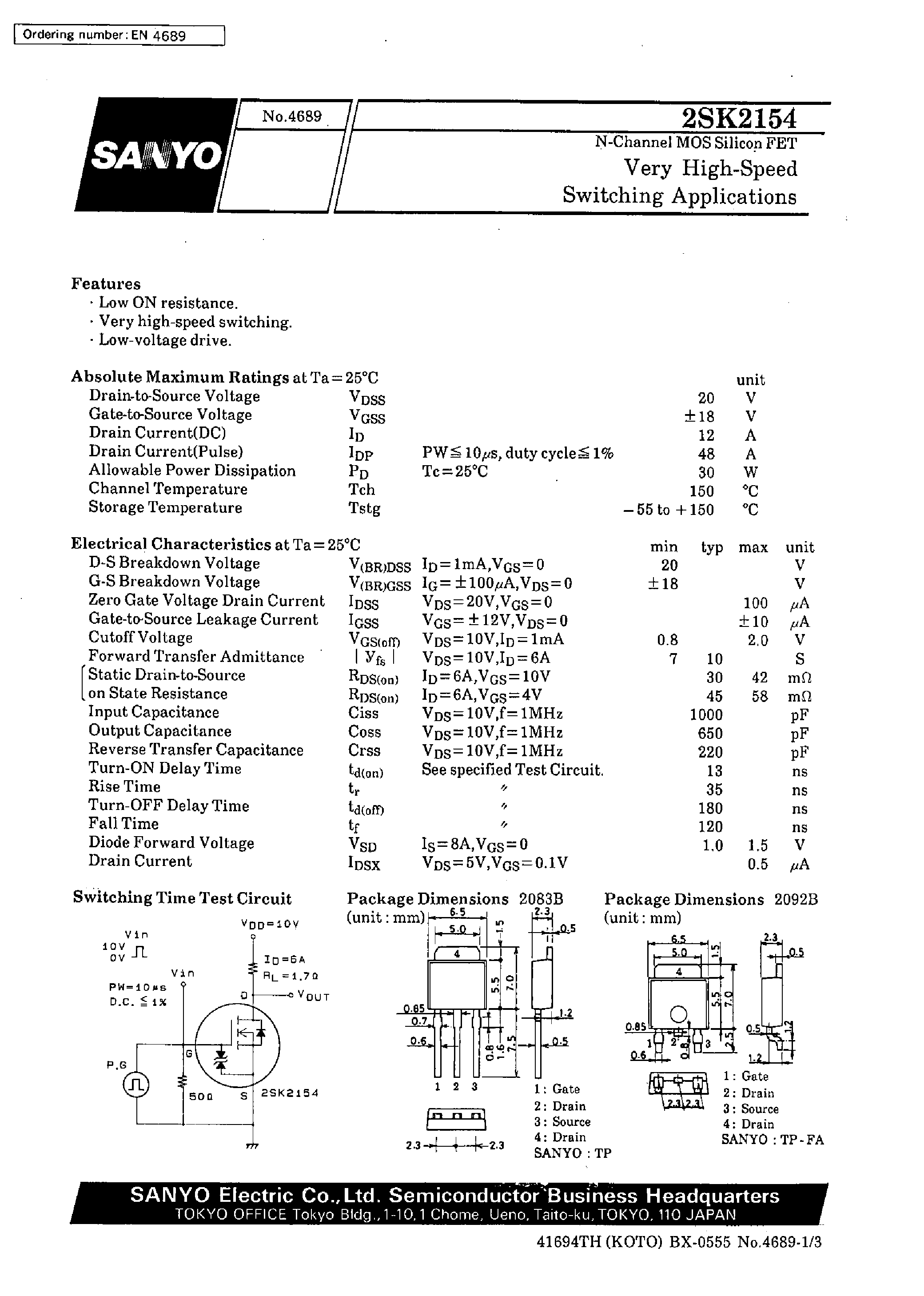 Даташит 2SK2154 - Very High-Speed Switching Applications страница 1