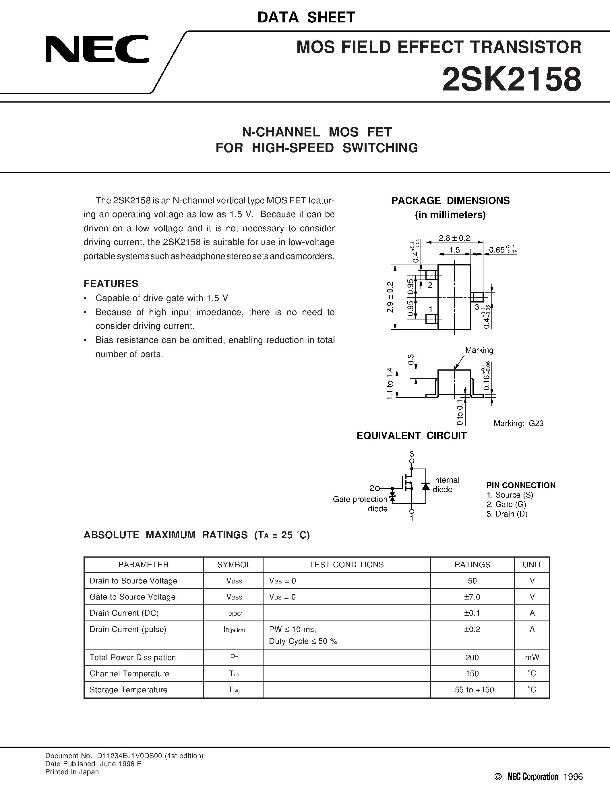 Даташит на микросхему 2SK2158 страница 1 Даташит 2SK2158 - N-CHANNEL MOS FET FOR HIGH-SPEED SWITCHING страница 1