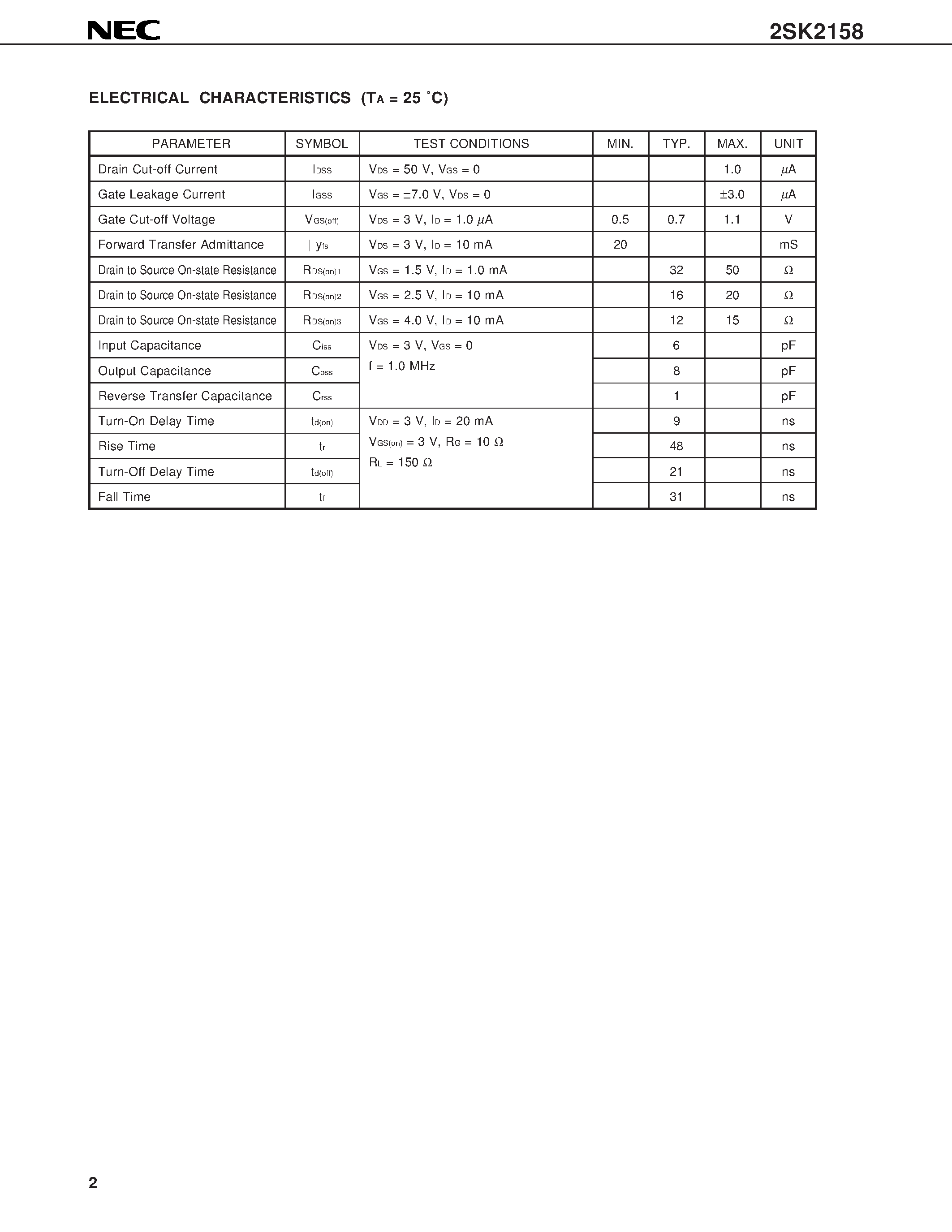 Даташит на микросхему 2SK2158 страница 2 Даташит 2SK2158 - N-CHANNEL MOS FET FOR HIGH-SPEED SWITCHING страница 2