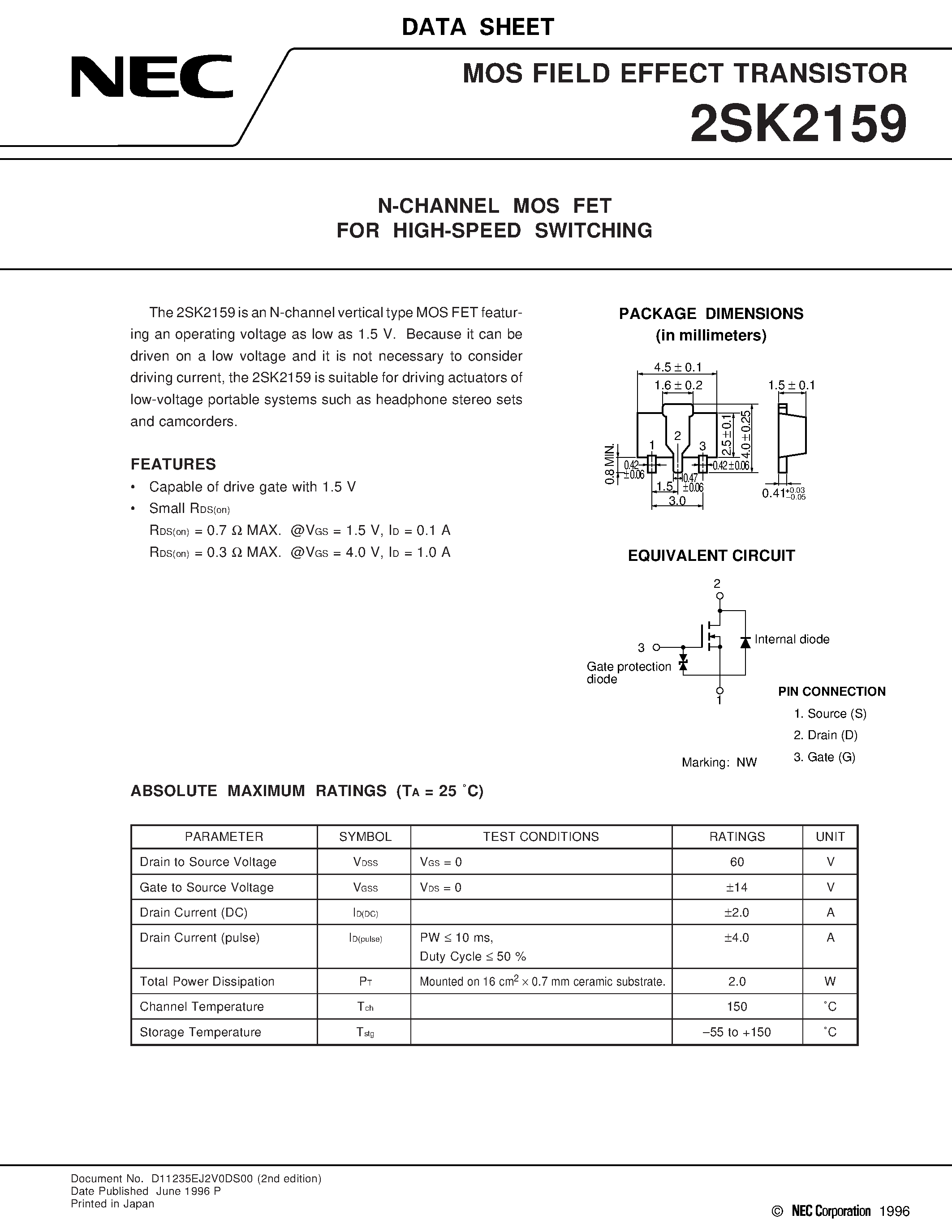 Даташит 2SK2159 - N-CHANNEL MOS FET FOR HIGH-SPEED SWITCHING страница 1