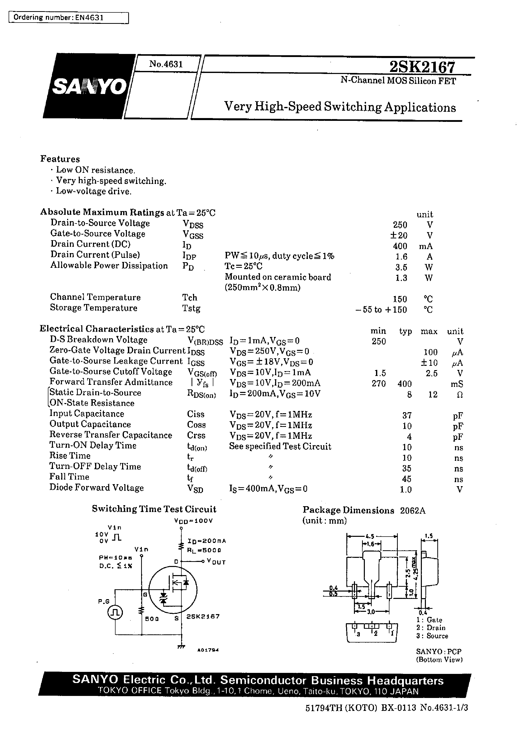 Datasheet 2SK2167 - Very High-Speed Switching Applications page 1