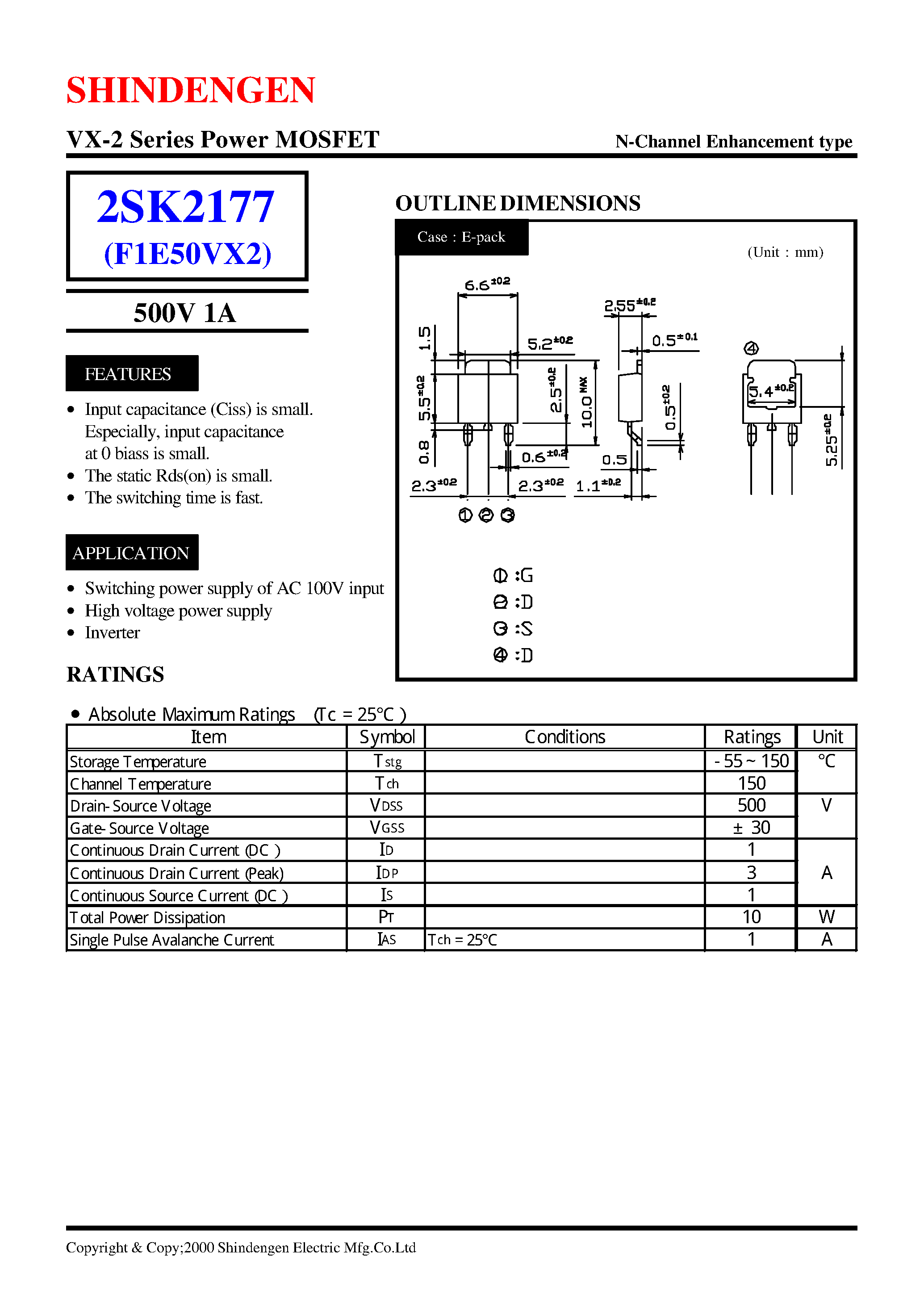 Datasheet 2SK2177 page 1 Datasheet 2SK2177 - VX-2 Series Power MOSFET(500V 1A) page 1